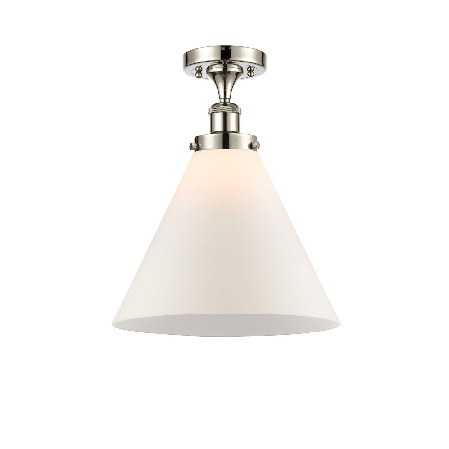 Innovations Cone 12in 1-Light Semi-Flush Mount | Industrial Polished Nickel Steel and Matte White Frosted Glass Cone Shade | Model 916-1C-PN-G41-L-LED