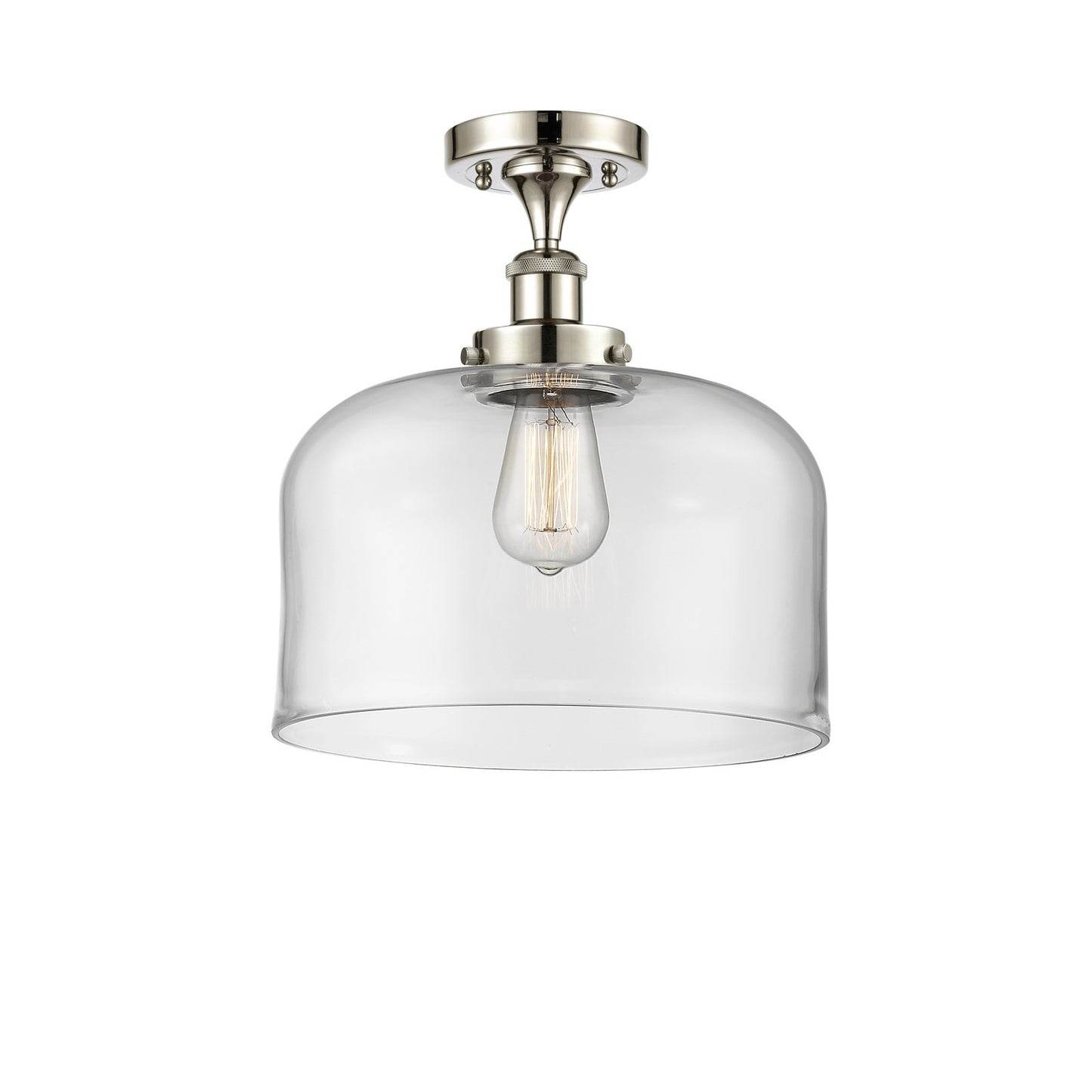 Innovations Bell 12in 1-Light Semi-Flush Mount | Industrial Polished Nickel Steel and Clear Glass | Kitchen & Hallway | Model 916-1C-PN-G72-L-LED