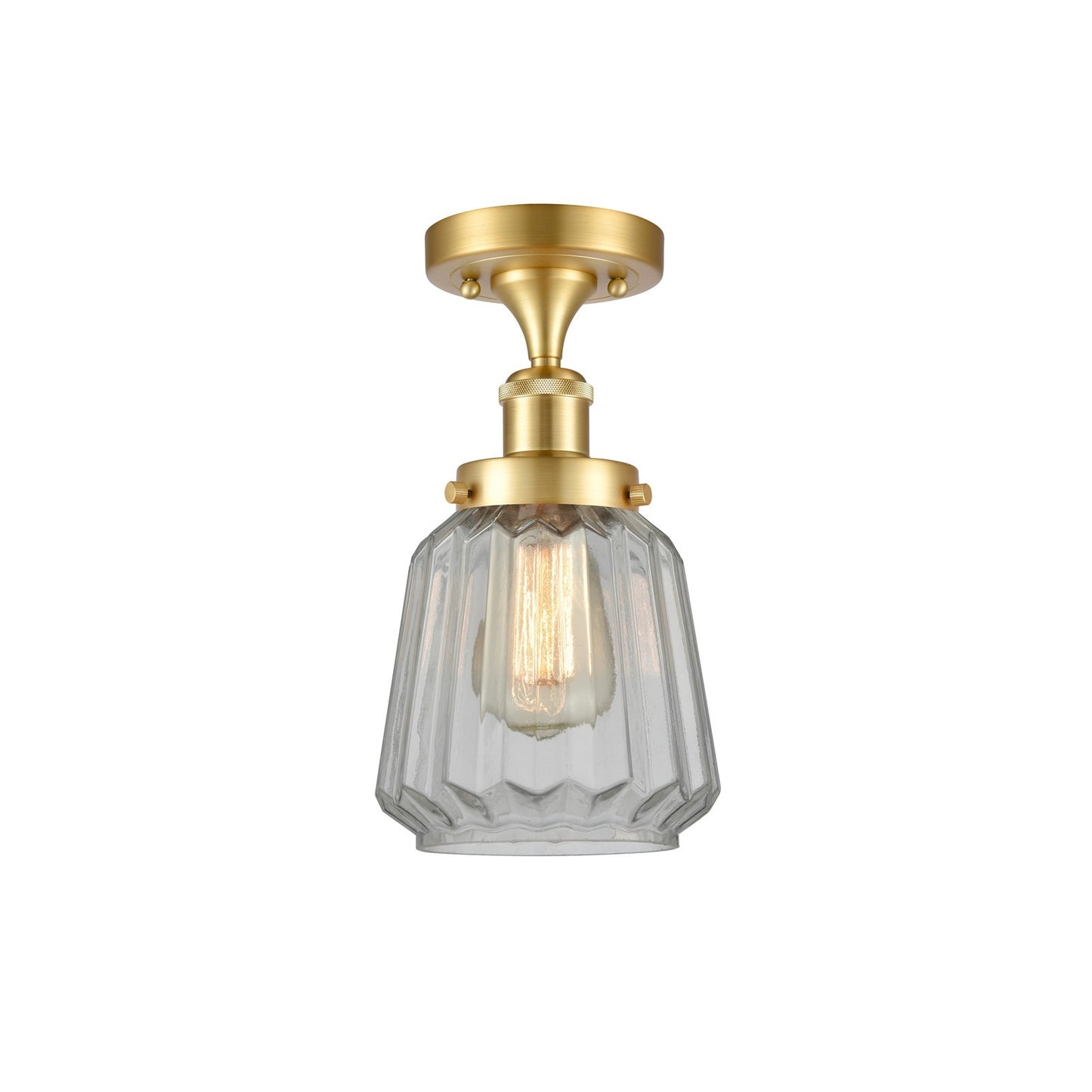 Innovations Chatham 7in 1-Light Semi-Flush Mount | Modern Transitional Satin Gold Steel and Clear Ribbed Glass Shade | Damp | Model 916-1C-SG-G142