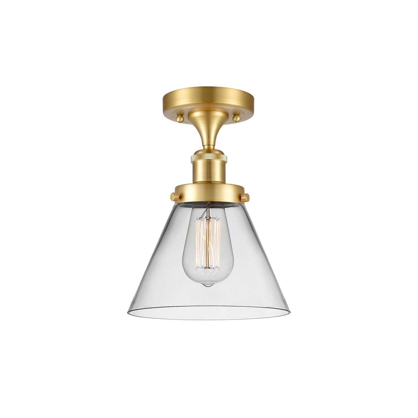 Innovations Cone 8in 1-Light Semi-Flush Mount | Industrial Satin Gold Steel and Clear Glass | Entryway & Hallway | 8 x 8 x 13 in | Model 916-1C-SG-G42