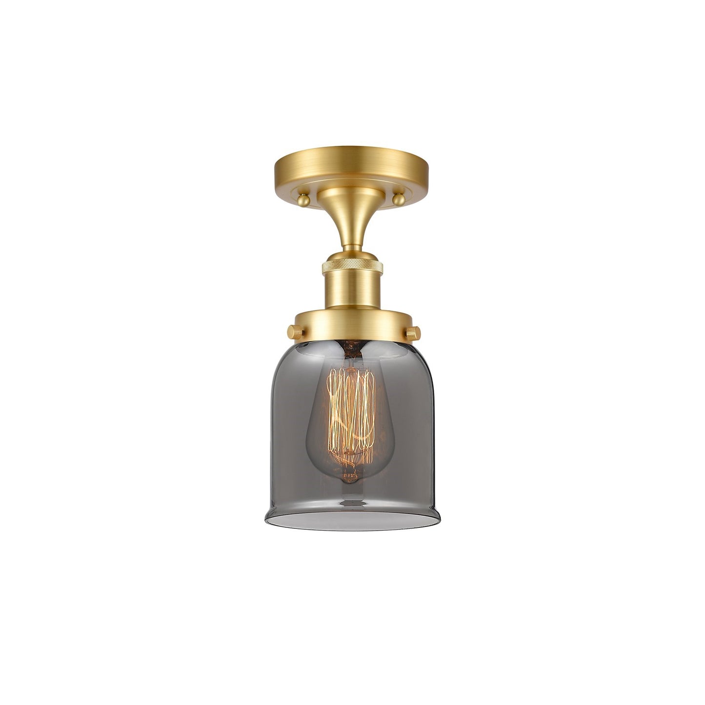 Innovations Bell 5in 1-Light Semi-Flush Mount | Industrial Satin Gold Steel and Light Smoke Glass | Entryway & Hallway | 5 x 11 in | Model 916-1C-SG-G53