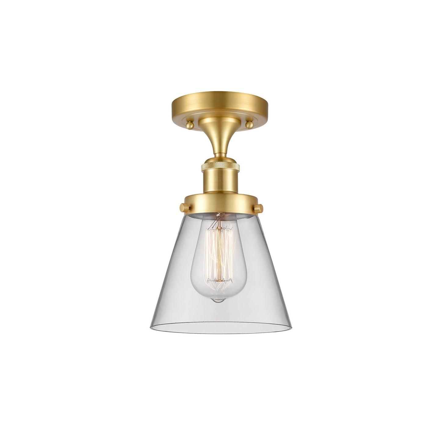 Innovations Cone 6in 1-Light Semi-Flush Mount | Industrial Satin Gold Steel and Clear Glass | Hallway & Entryway | 6 x 6 x 11 in | Model 916-1C-SG-G62
