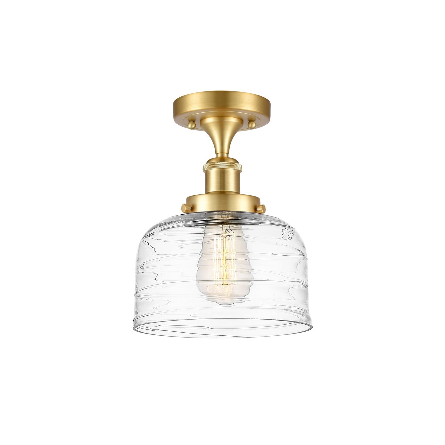 Innovations Bell 8in 1-Light Semi-Flush Mount | Industrial Satin Gold Steel and Clear Deco Swirl Glass | Entryway & Hallway | Model 916-1C-SG-G713