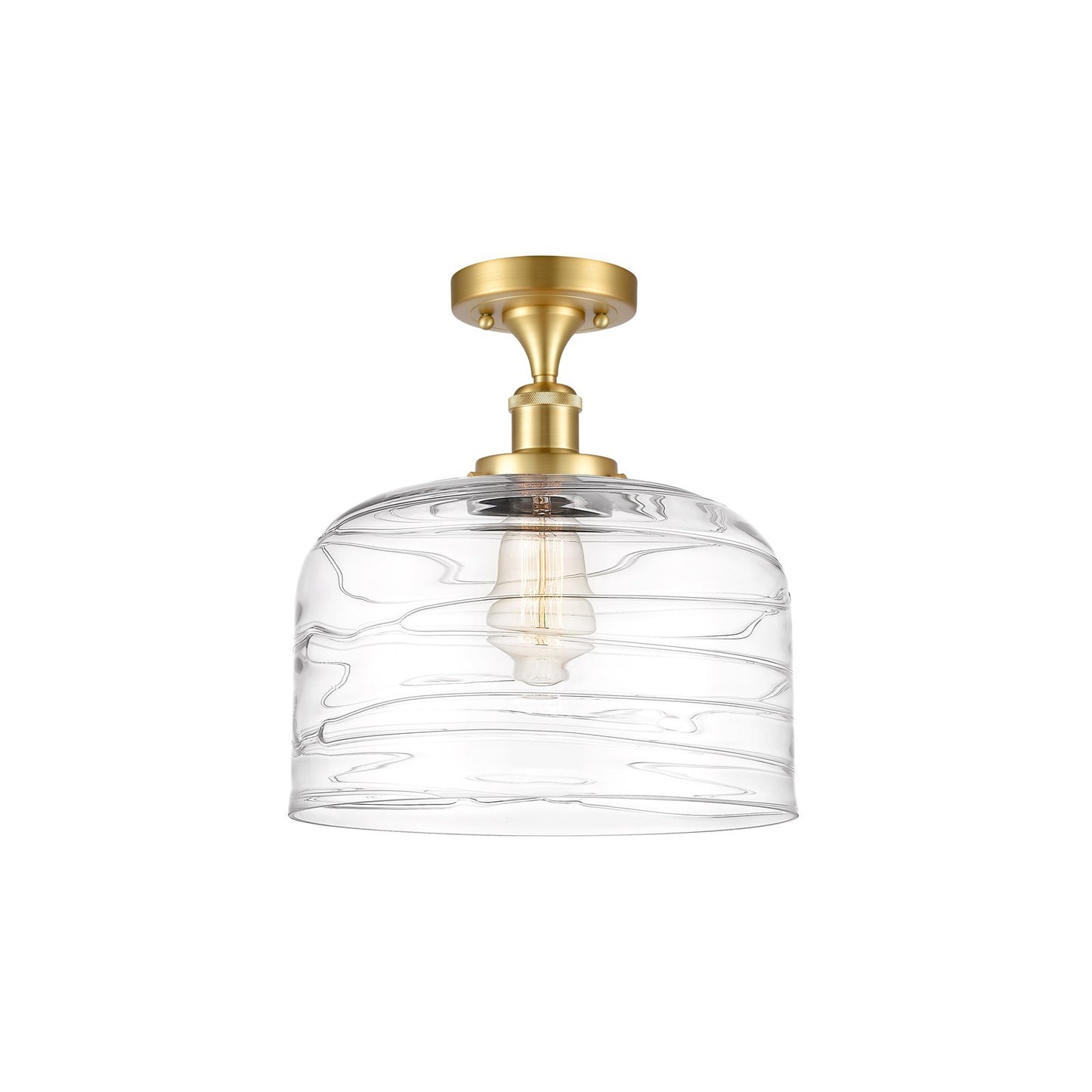 Innovations Bell 12in 1-Light Semi-Flush Mount | Industrial Satin Gold Steel and Clear Deco Swirl Glass | Kitchen & Hallway | Model 916-1C-SG-G713-L