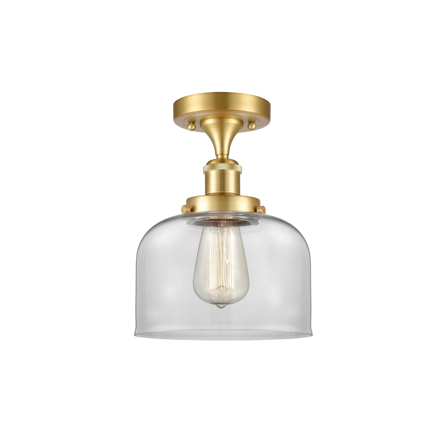 Innovations Bell 8in 1-Light Semi-Flush Mount | Industrial Satin Gold Steel and Clear Glass | Kitchen & Hallway | 8 x 8 x 13 in | Model 916-1C-SG-G72