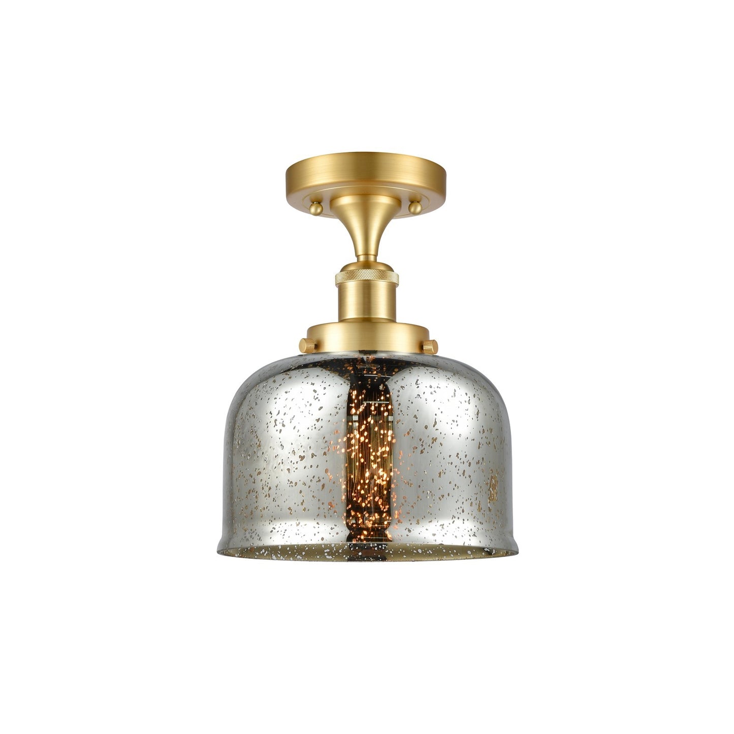 Innovations Bell 8in 1-Light Semi-Flush Mount | Industrial Satin Gold Steel and Silver Plated Mercury Glass | Entryway & Covered | Model 916-1C-SG-G78