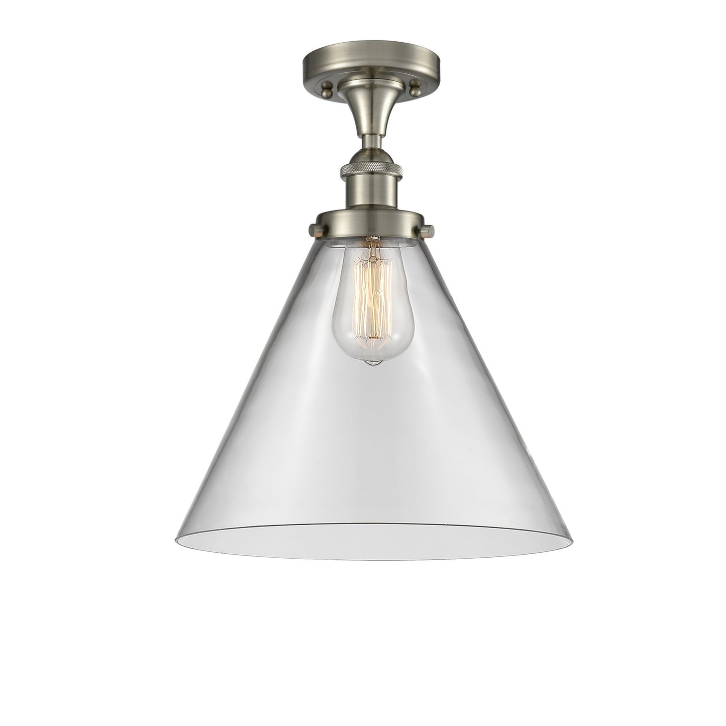 Innovations Cone 12in 1-Light Semi-Flush Mount | Industrial Brushed Satin Nickel Steel and Clear Glass | Hallway & Foyer | Model 916-1C-SN-G42-L