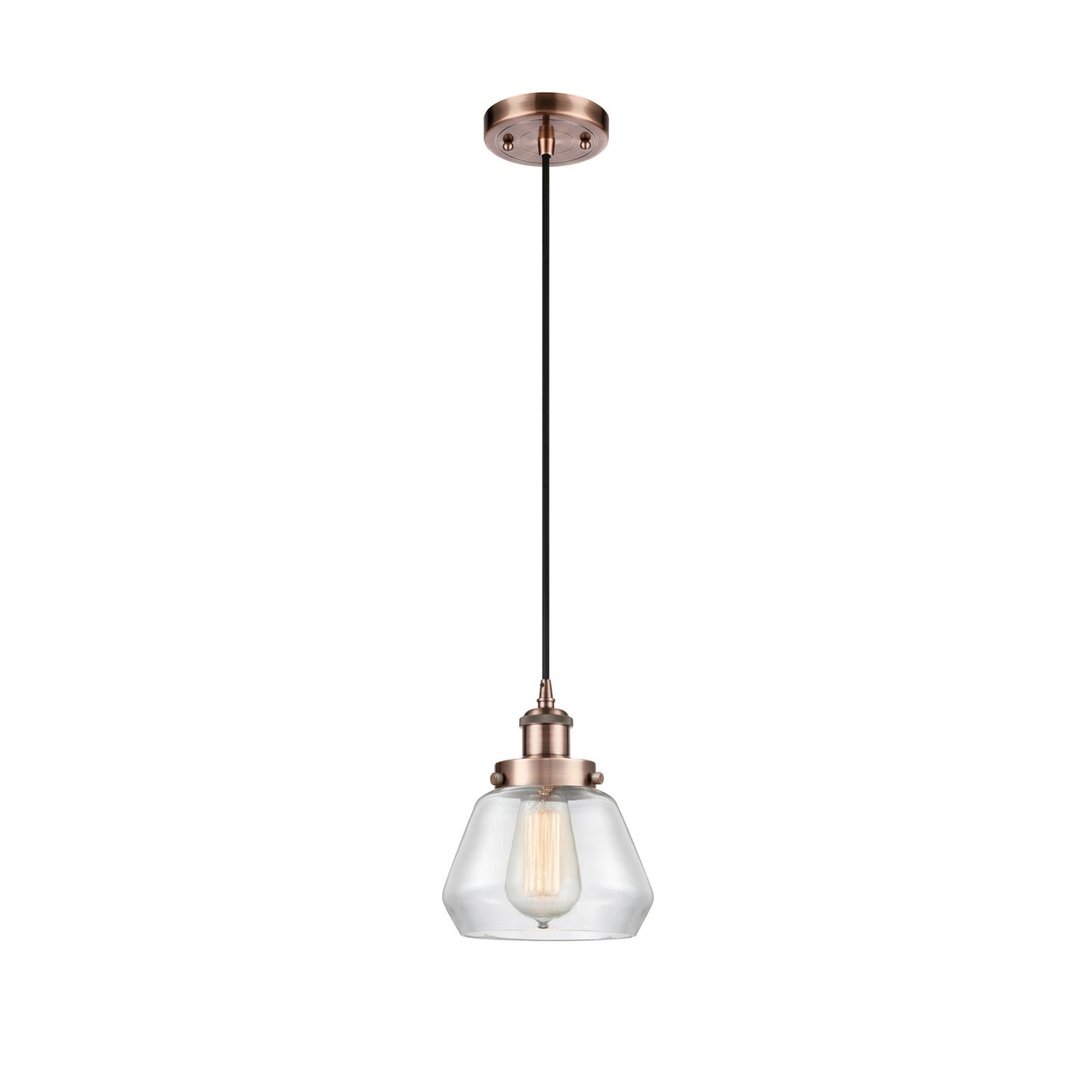 Innovations Fulton 7in 1-Light Mini Pendant | Modern Transitional Antique Copper Steel and Clear Glass | Kitchen Island & Dining | Model 916-1P-AC-G172