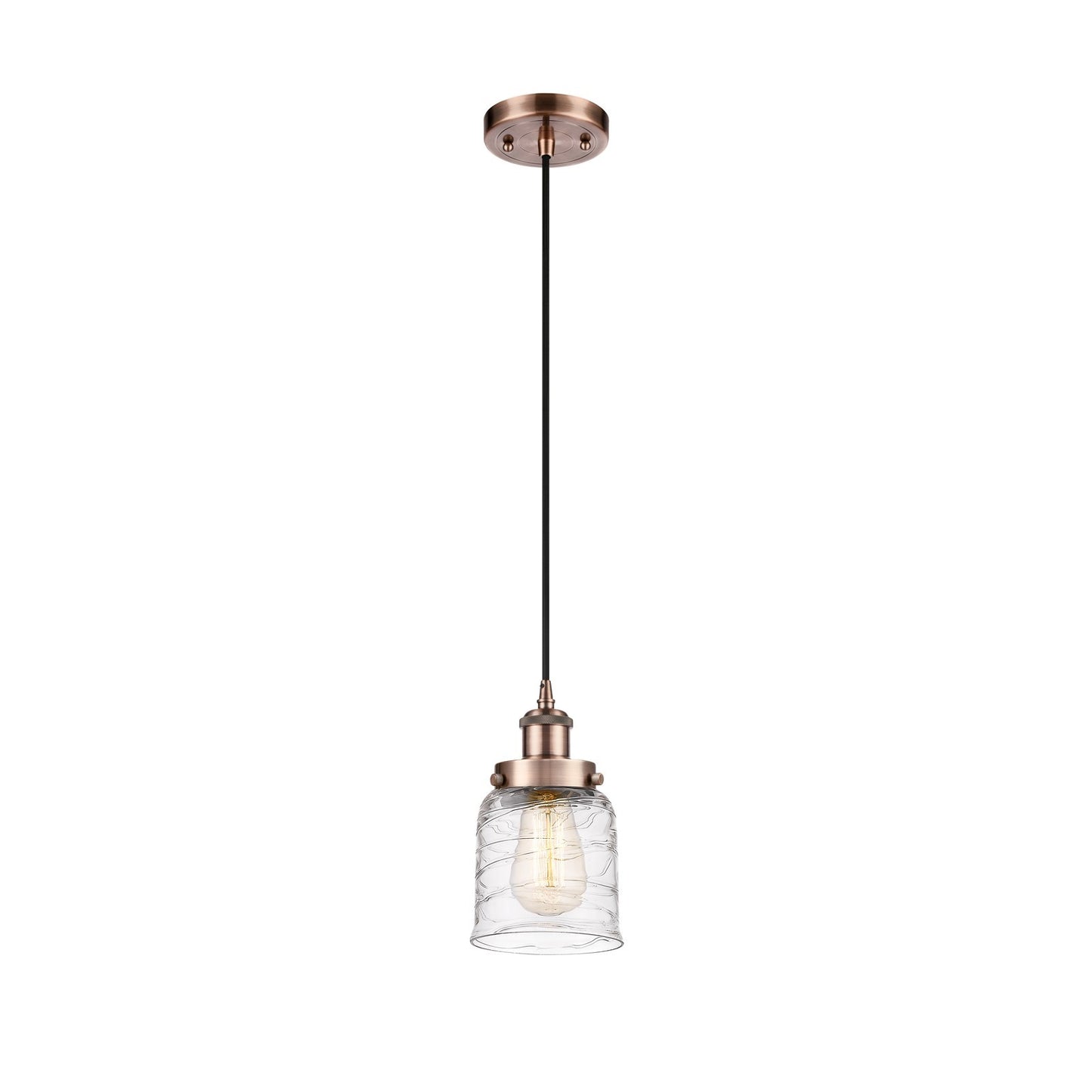 Innovations Bell 5in 1-Light Mini Pendant | Industrial Antique Copper Steel and Clear Deco Swirl Glass | Kitchen Island & | Model 916-1P-AC-G513-LED