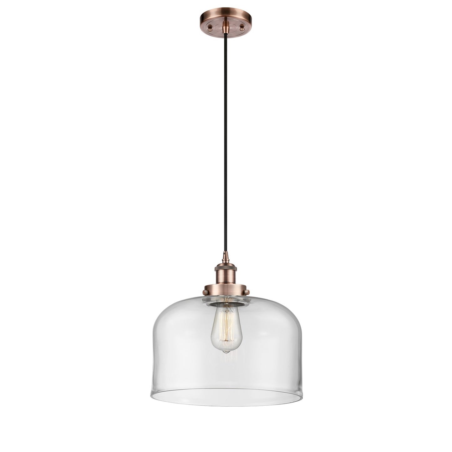 Innovations Bell 12in 1-Light Mini Pendant | Industrial Antique Copper Steel and Clear Glass | Kitchen Island & Dining Room | Model 916-1P-AC-G72-L-LED