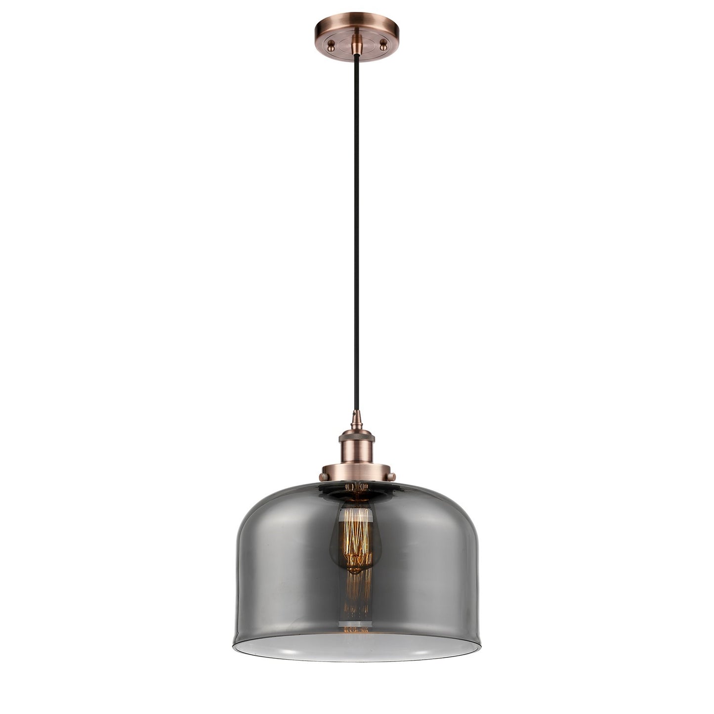 Innovations Bell 12in 1-Light Mini Pendant | Industrial Antique Copper Steel and Light Smoke Glass | Kitchen Island & Dining | Model 916-1P-AC-G73-L-LED