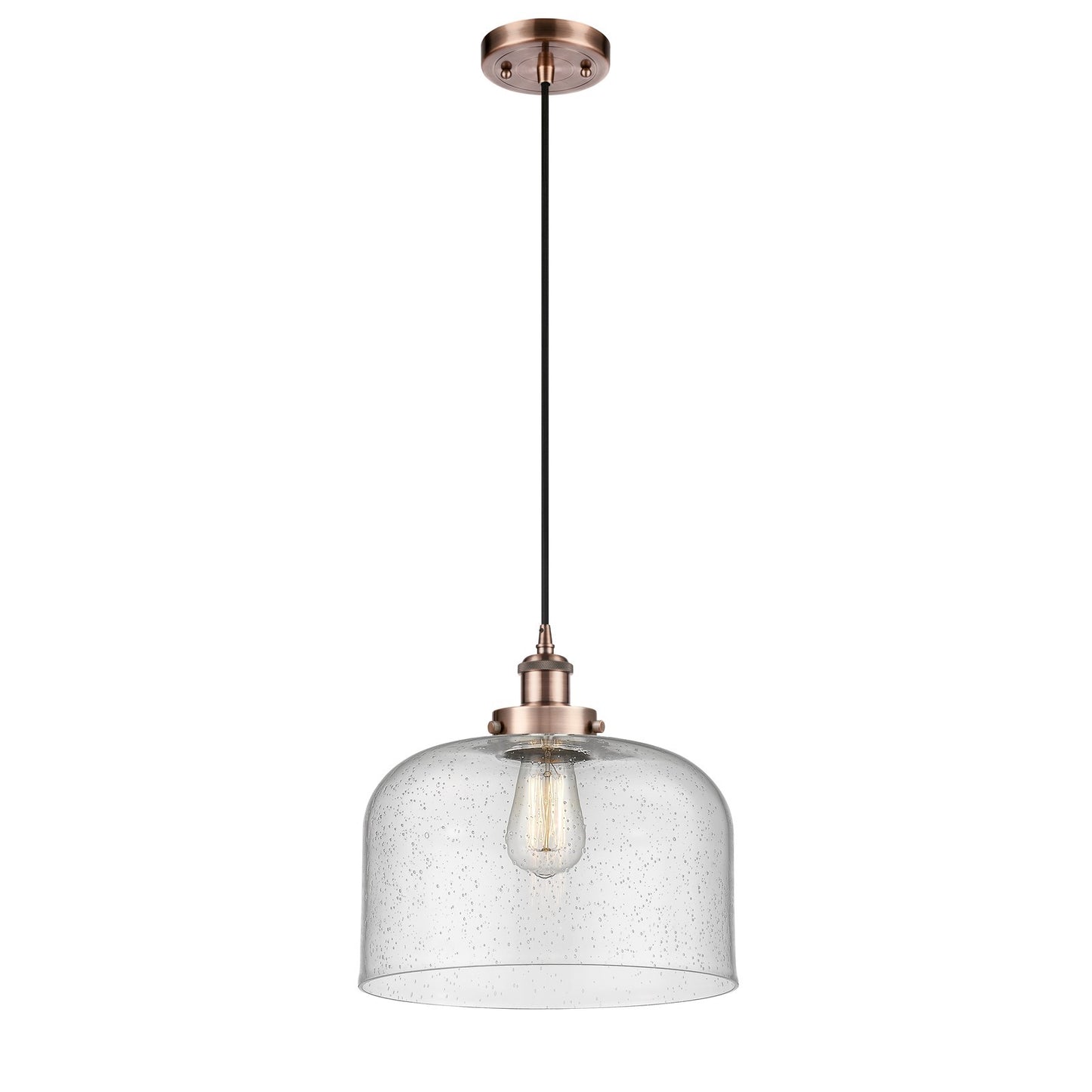 Innovations Bell 12in 1-Light Mini Pendant | Industrial Antique Copper Steel and Seedy Glass | Kitchen Island & Dining Room | Model 916-1P-AC-G74-L-LED