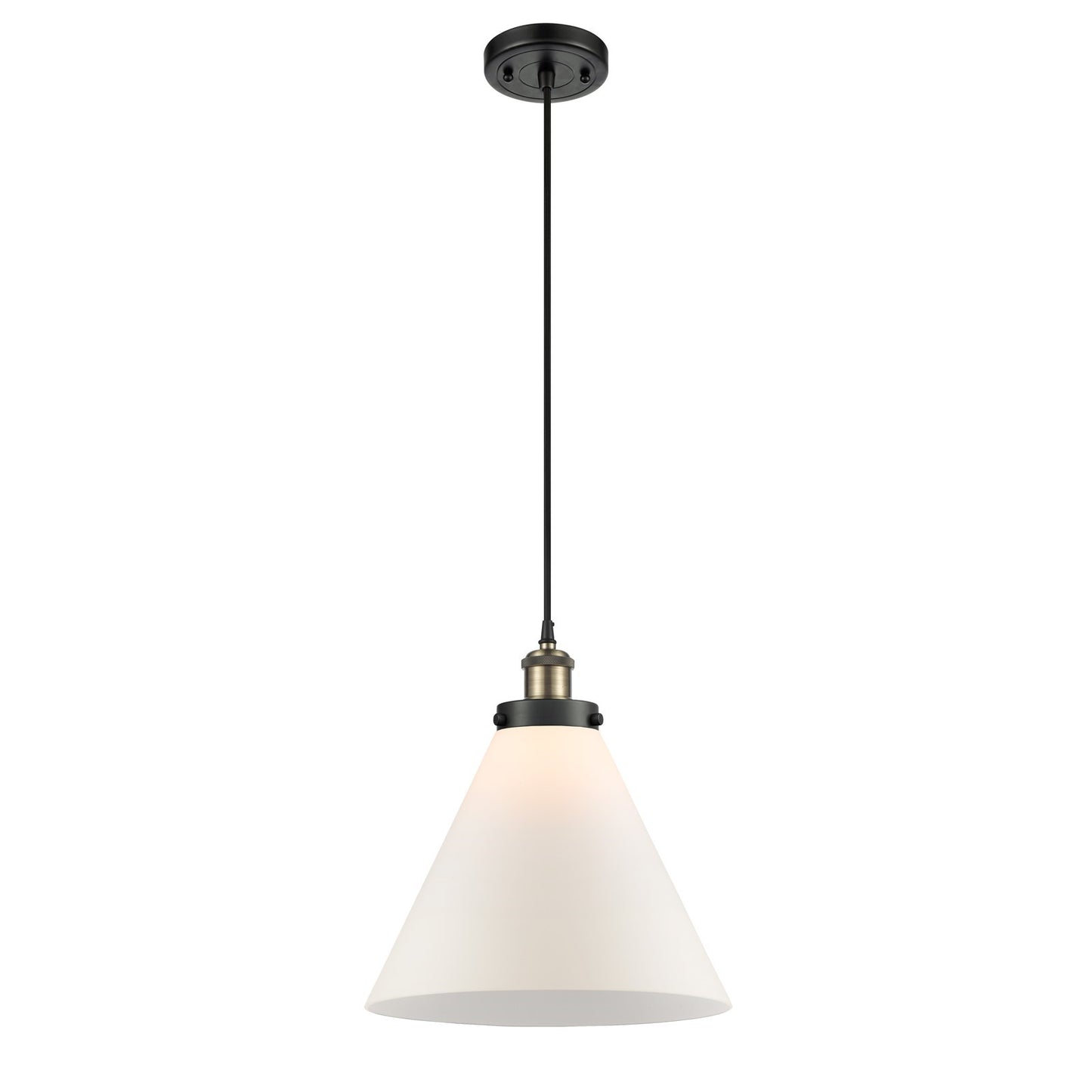 Innovations Cone 11.75in 1-Light Mini Pendant | Industrial Black Antique Brass Steel and Cast Brass Matte White Frosted Glass | Model 916-1P-BAB-G41-L-LED