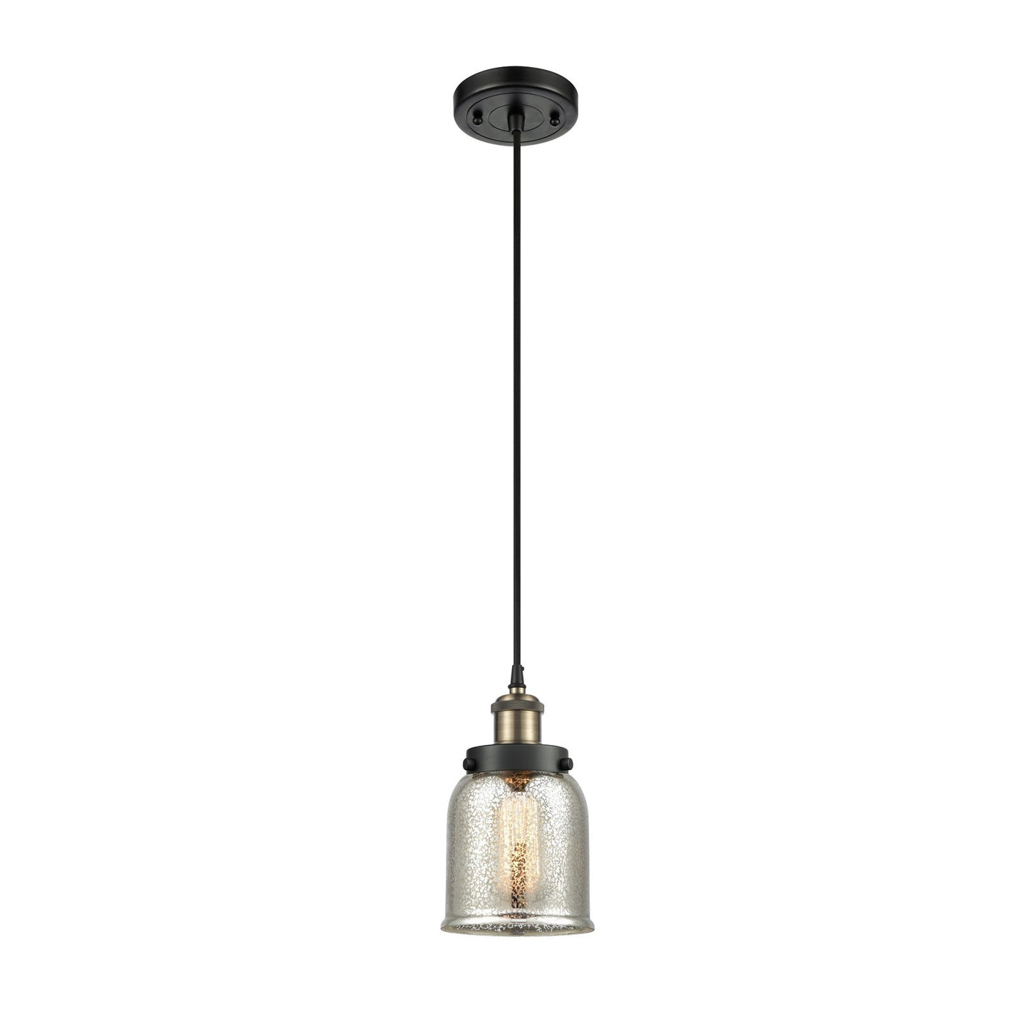 Innovations Bell 5in 1-Light Mini Pendant | Industrial Black Antique Brass and Silver Plated Mercury Glass | Kitchen Island & | Model 916-1P-BAB-G58-LED