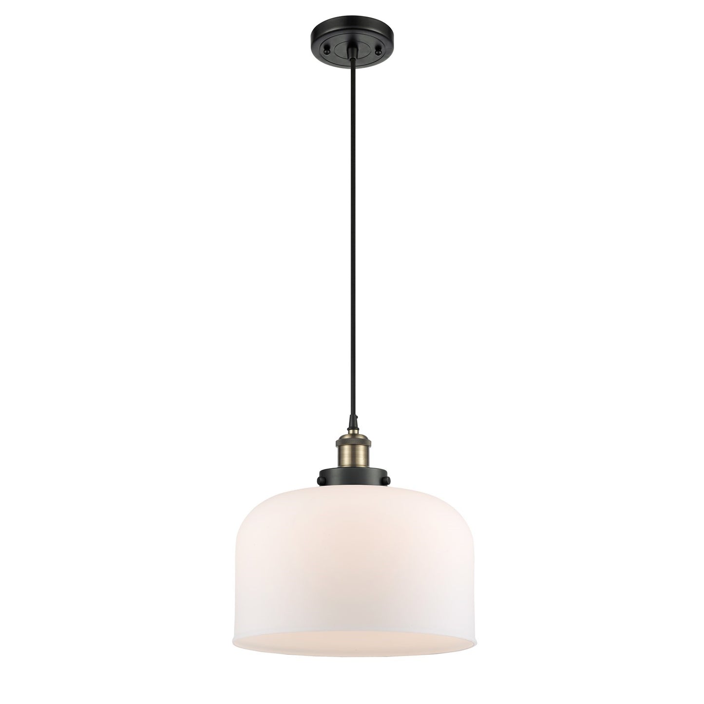 Innovations Bell 12in 1-Light Mini Pendant | Industrial Black Antique Brass and Matte White Frosted Glass | Kitchen Island & | Model 916-1P-BAB-G71-L-LED