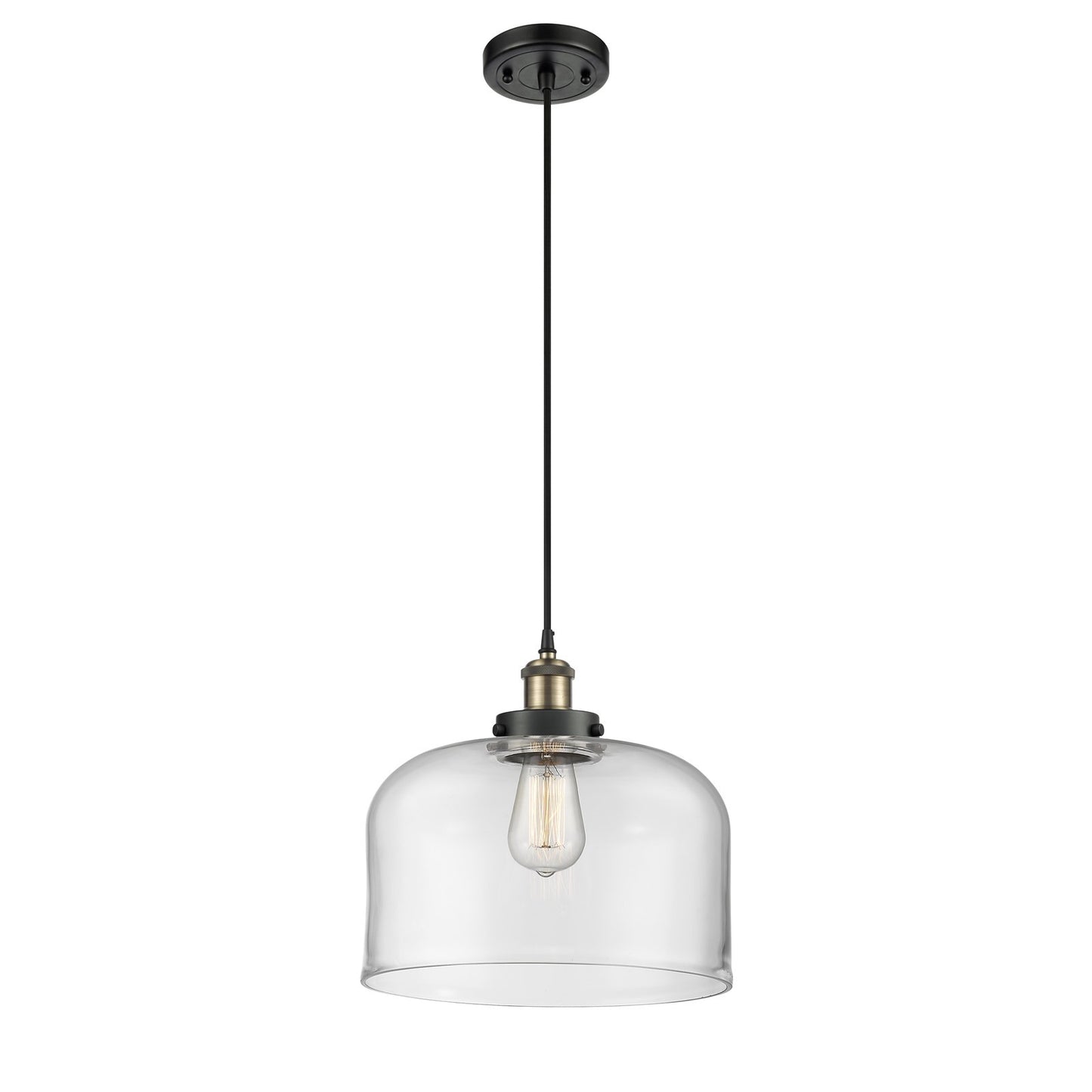 Innovations Bell 12in 1-Light Mini Pendant | Industrial Black Antique Brass and Clear Glass | Kitchen Island & Dining Room | Model 916-1P-BAB-G72-L-LED