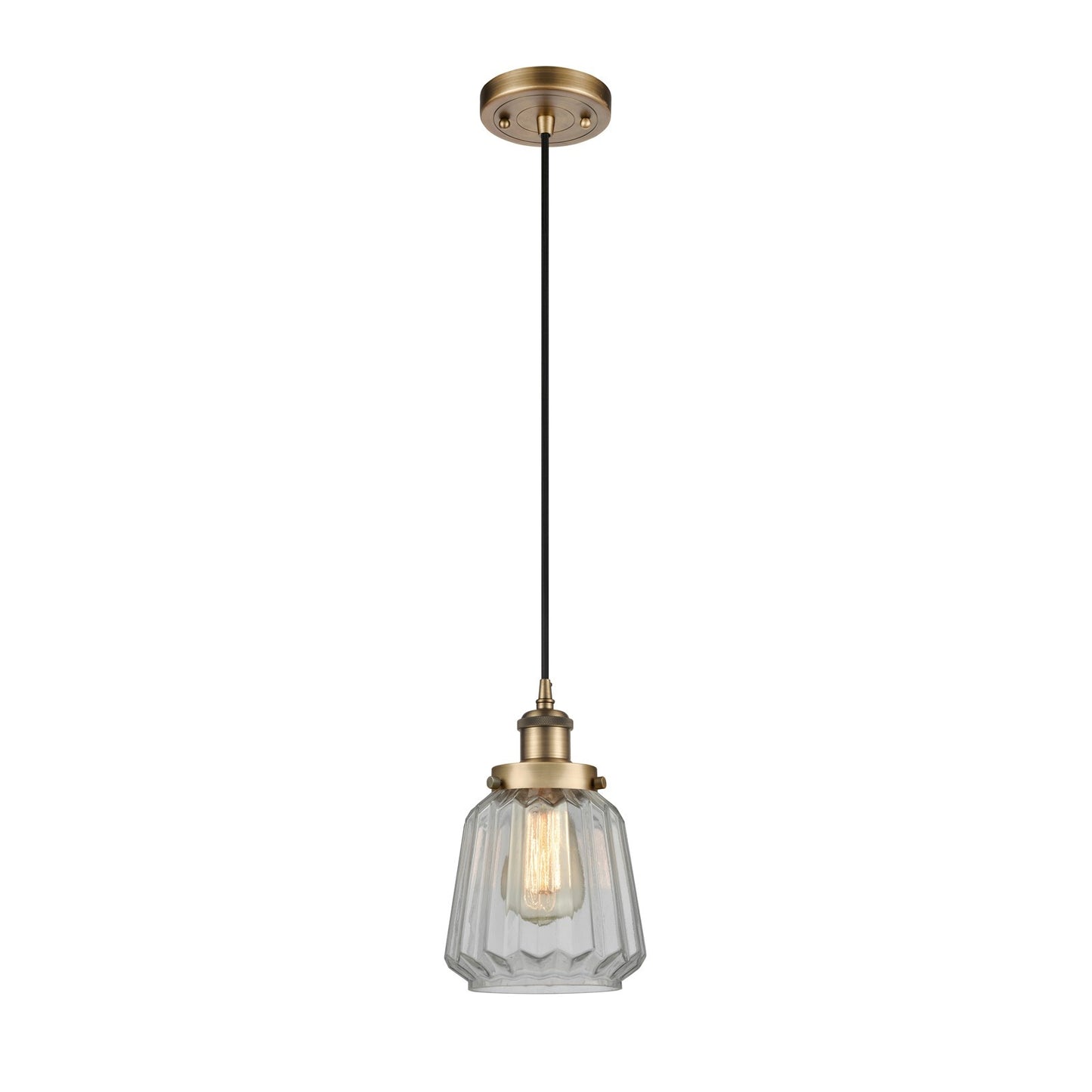 Innovations Chatham 7in 1-Light Mini Pendant | Modern Transitional Brushed Brass and Clear Ribbed Glass | Dining Room & Kitchen | Model 916-1P-BB-G142