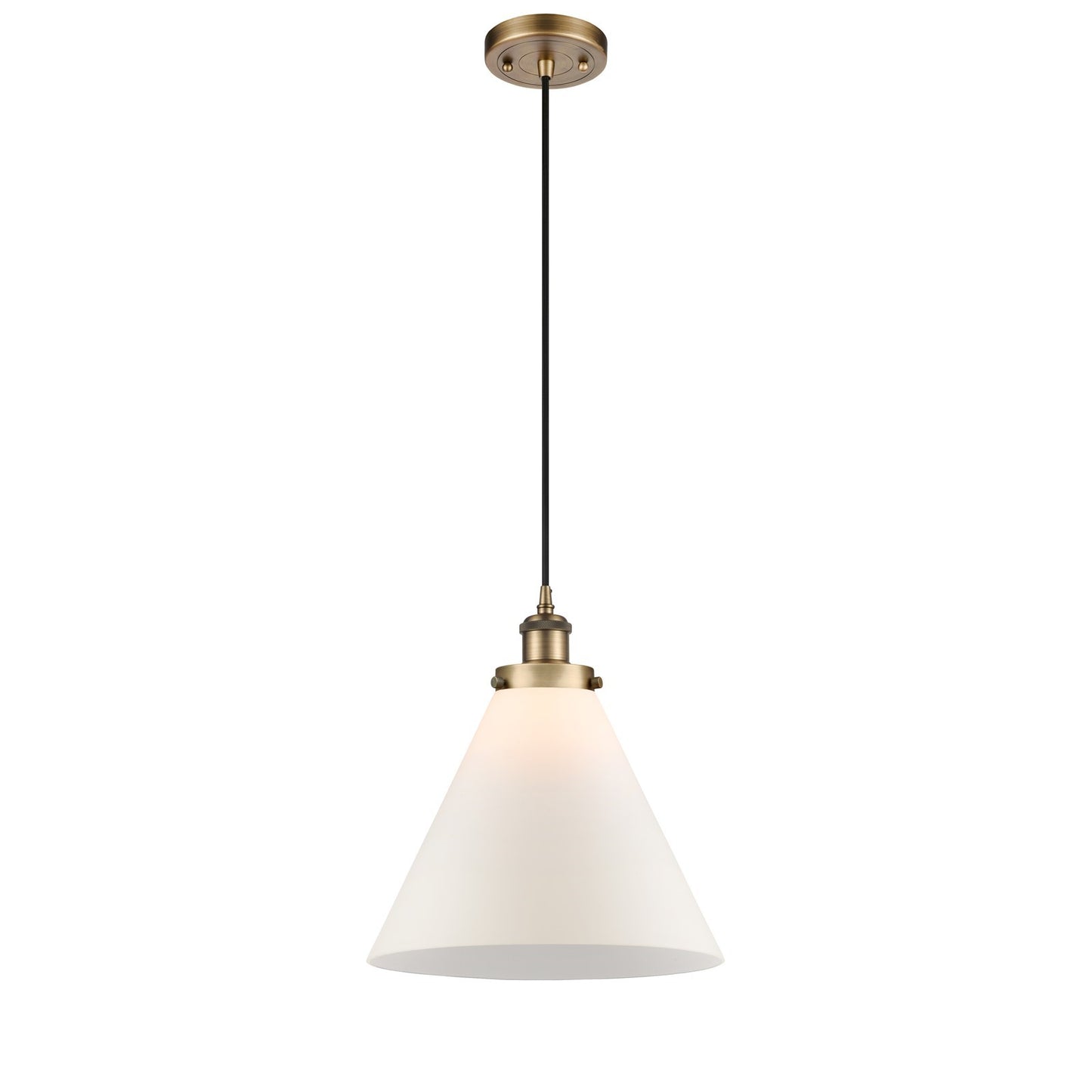 Innovations Cone 12in 1-Light Mini Pendant | Industrial Brushed Brass and Matte White Frosted Glass | Kitchen Island & Dining | Model 916-1P-BB-G41-L-LED
