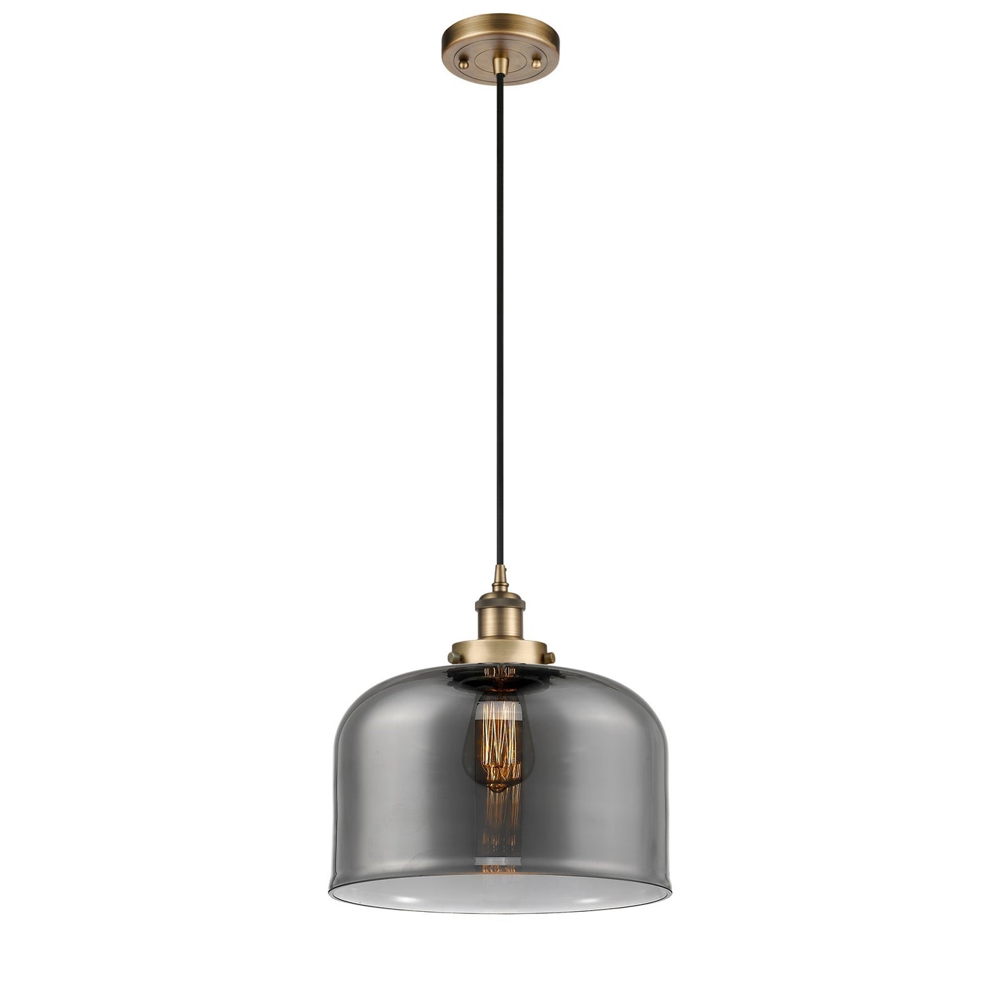 Innovations Bell 12in 1-Light Mini Pendant | Industrial Brushed Brass Steel and Light Smoke Glass | Kitchen Island & Dining | Model 916-1P-BB-G73-L-LED