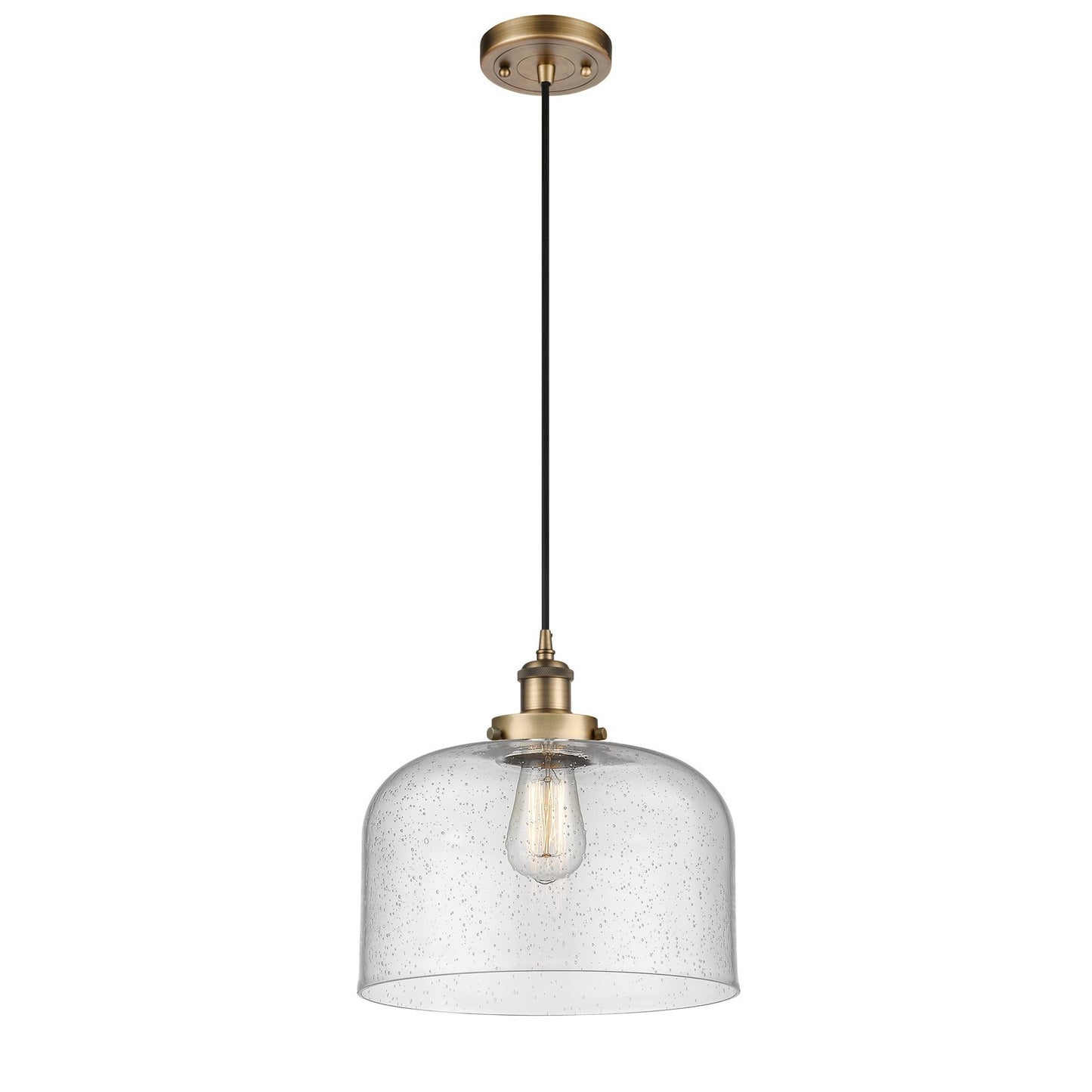 Innovations Bell 12in 1-Light Mini Pendant | Industrial Brushed Brass Steel and Seedy Glass | Kitchen Island & Dining Room | Model 916-1P-BB-G74-L-LED