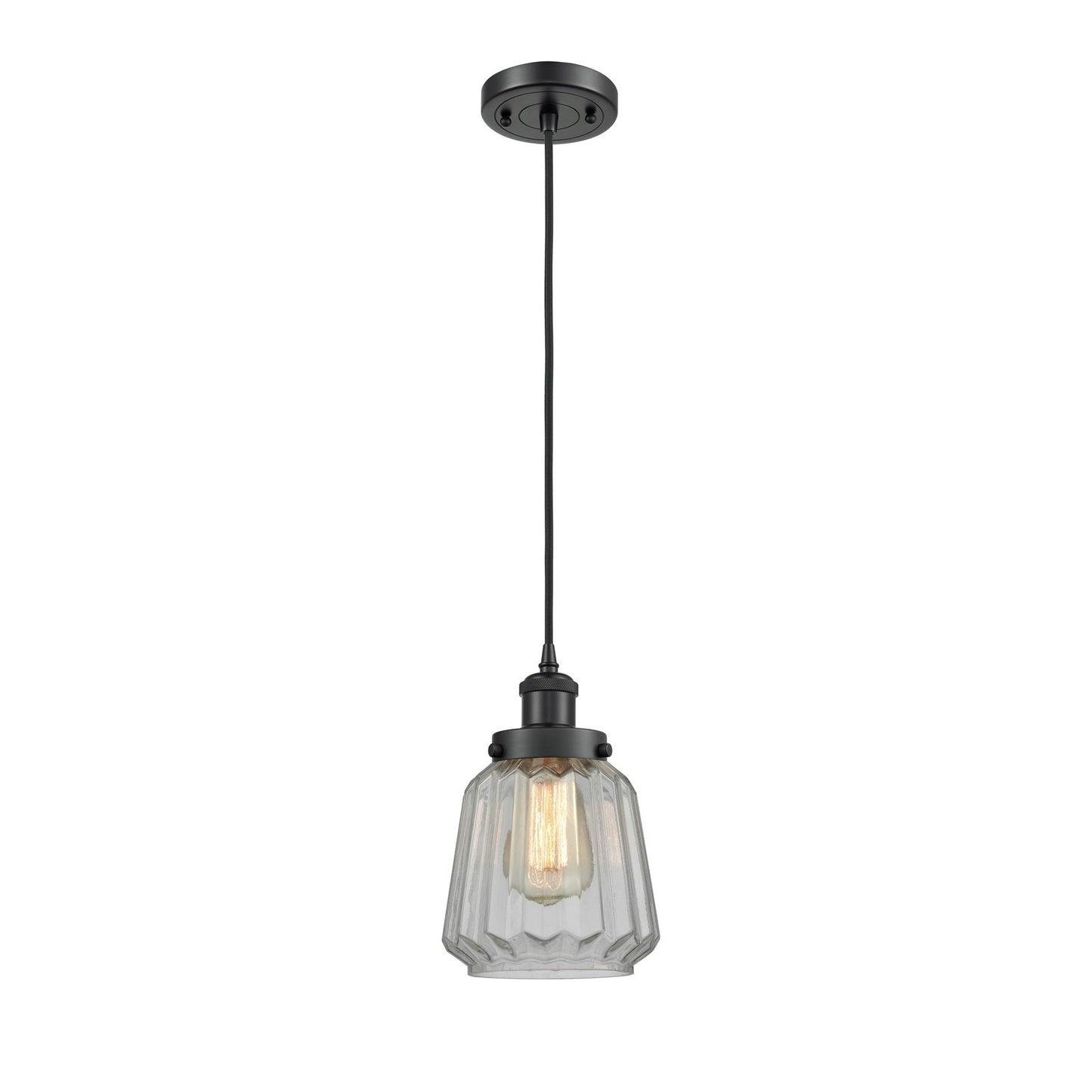 Innovations Chatham 7in 1-Light Mini Pendant | Modern Matte Black Steel and Clear Ribbed Glass Shade | Kitchen Island & Dining Room | Model 916-1P-BK-G142