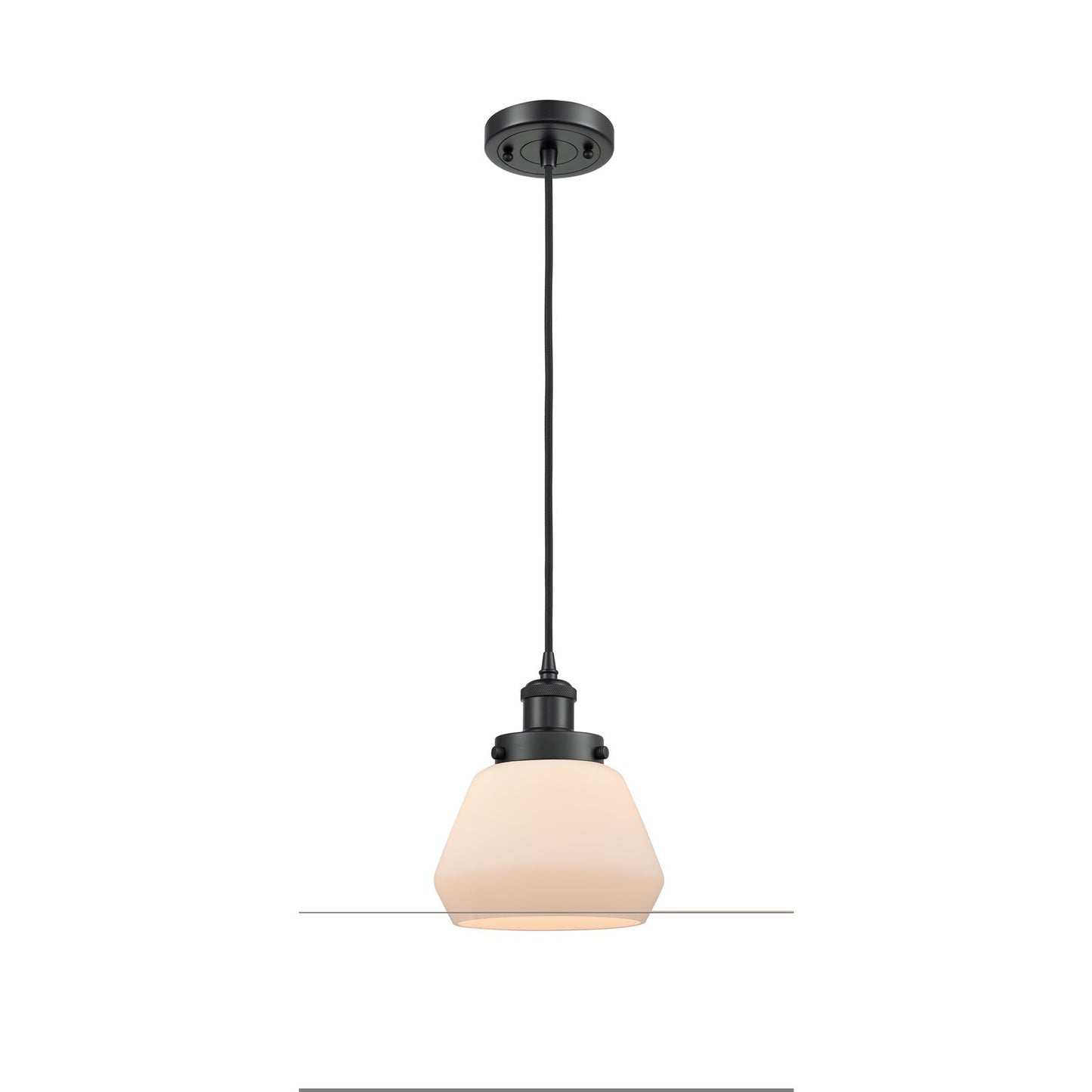 Innovations Fulton 7in 1-Light Mini Pendant | Modern Matte Black Steel and Matte White Frosted Glass Cone Shade | Kitchen Island & | Model 916-1P-BK-G171