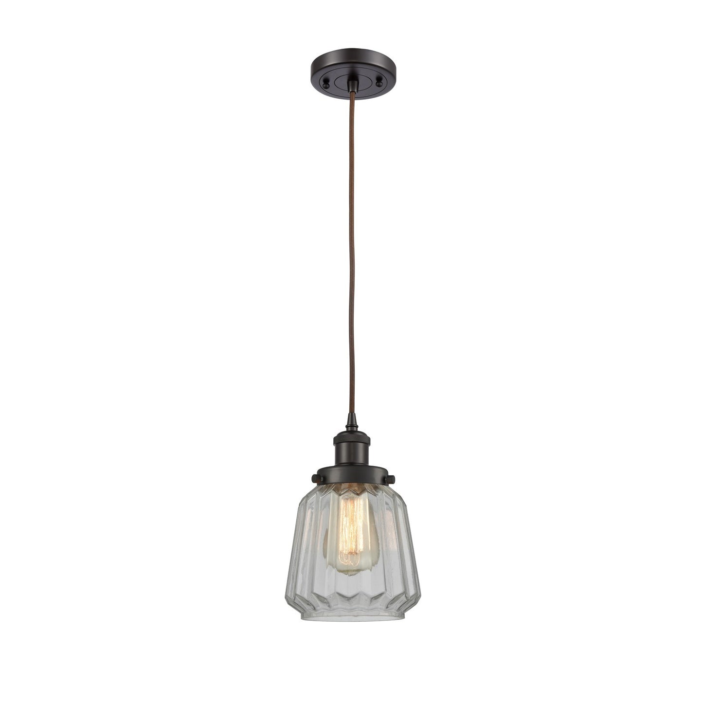 Innovations Chatham 7in 1-Light Mini Pendant | Modern Transitional Oil Rubbed Bronze Steel and Clear Ribbed Glass | Kitchen Island | Model 916-1P-OB-G142