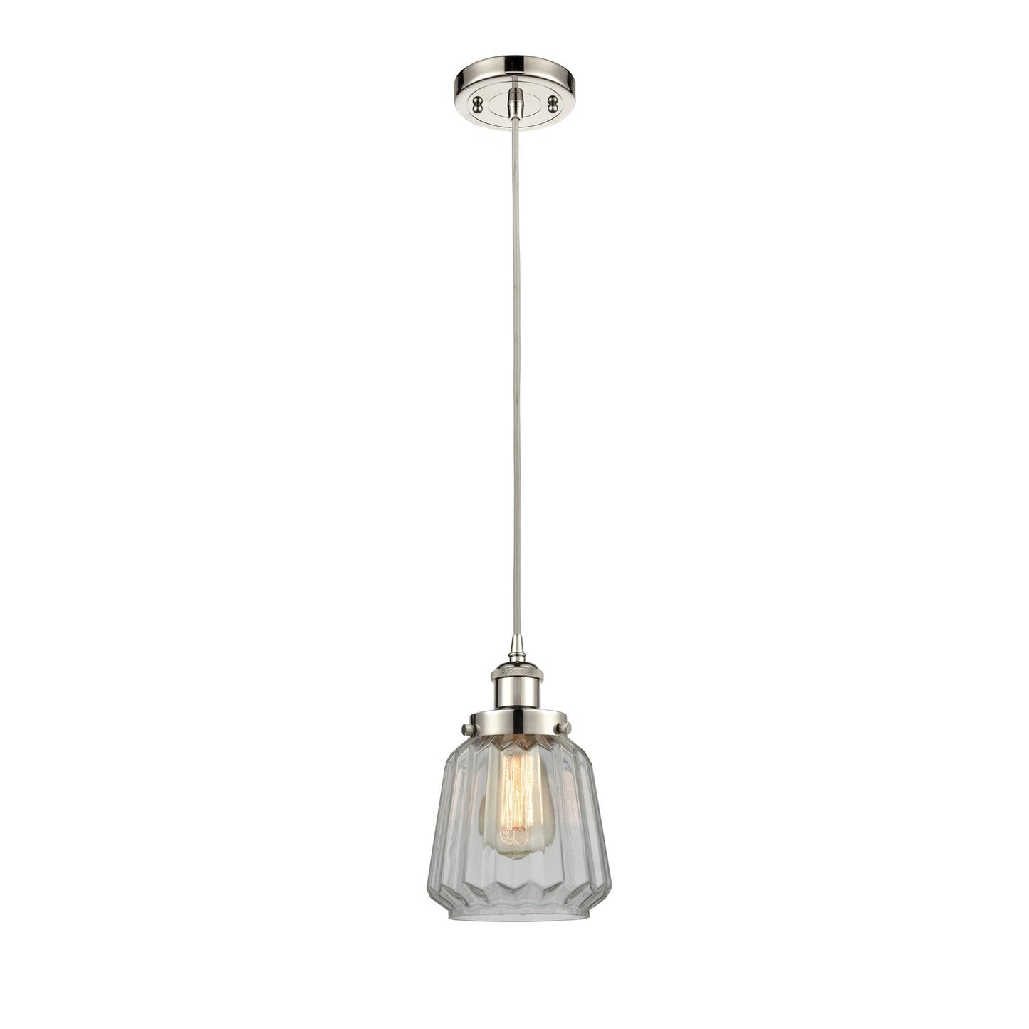 Innovations Chatham 7in 1-Light Mini Pendant | Modern Transitional Polished Nickel Steel and Clear Ribbed Glass | Kitchen Island & | Model 916-1P-PN-G142