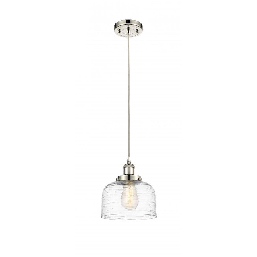 Innovations Ballston Urban Bell 12in 1-Light Mini Pendant | Industrial Polished Nickel and Clear Deco Swirl Glass | Kitchen | Model 916-1P-PN-G713-L