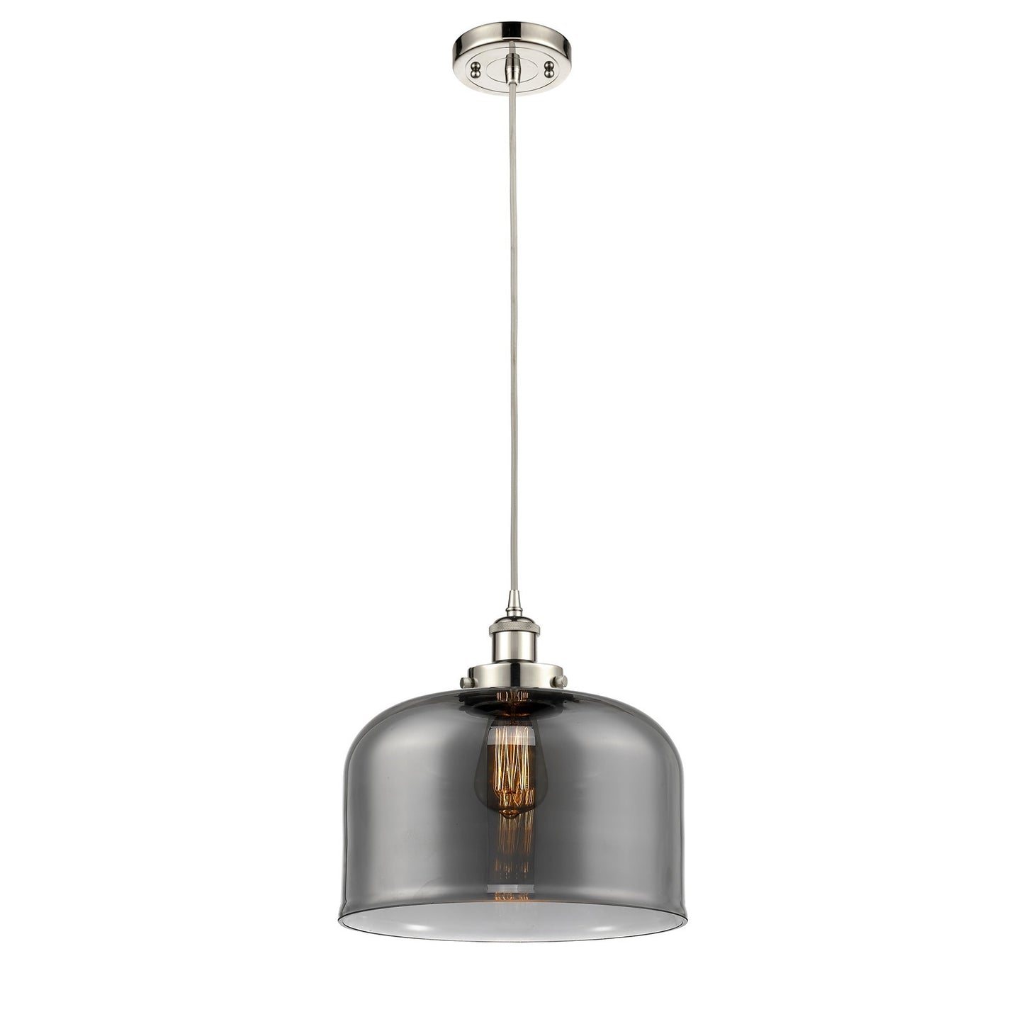 Innovations Bell 12in 1-Light LED Mini Pendant | Industrial Polished Nickel Steel and Light Smoke Glass | Kitchen Island & | Model 916-1P-PN-G73-L-LED
