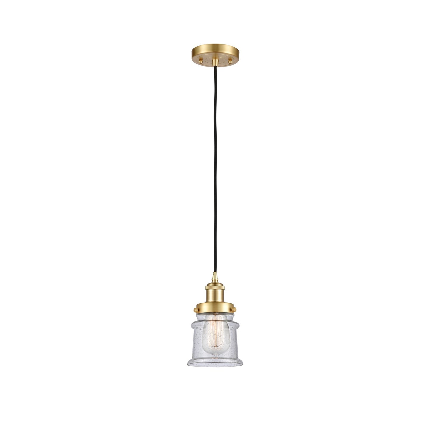 Innovations Canton 5.25in 1-Light Mini Pendant | Satin Gold Steel and Seedy Schoolhouse Glass | Kitchen Island & Dining Room | Model 916-1P-SG-G184S