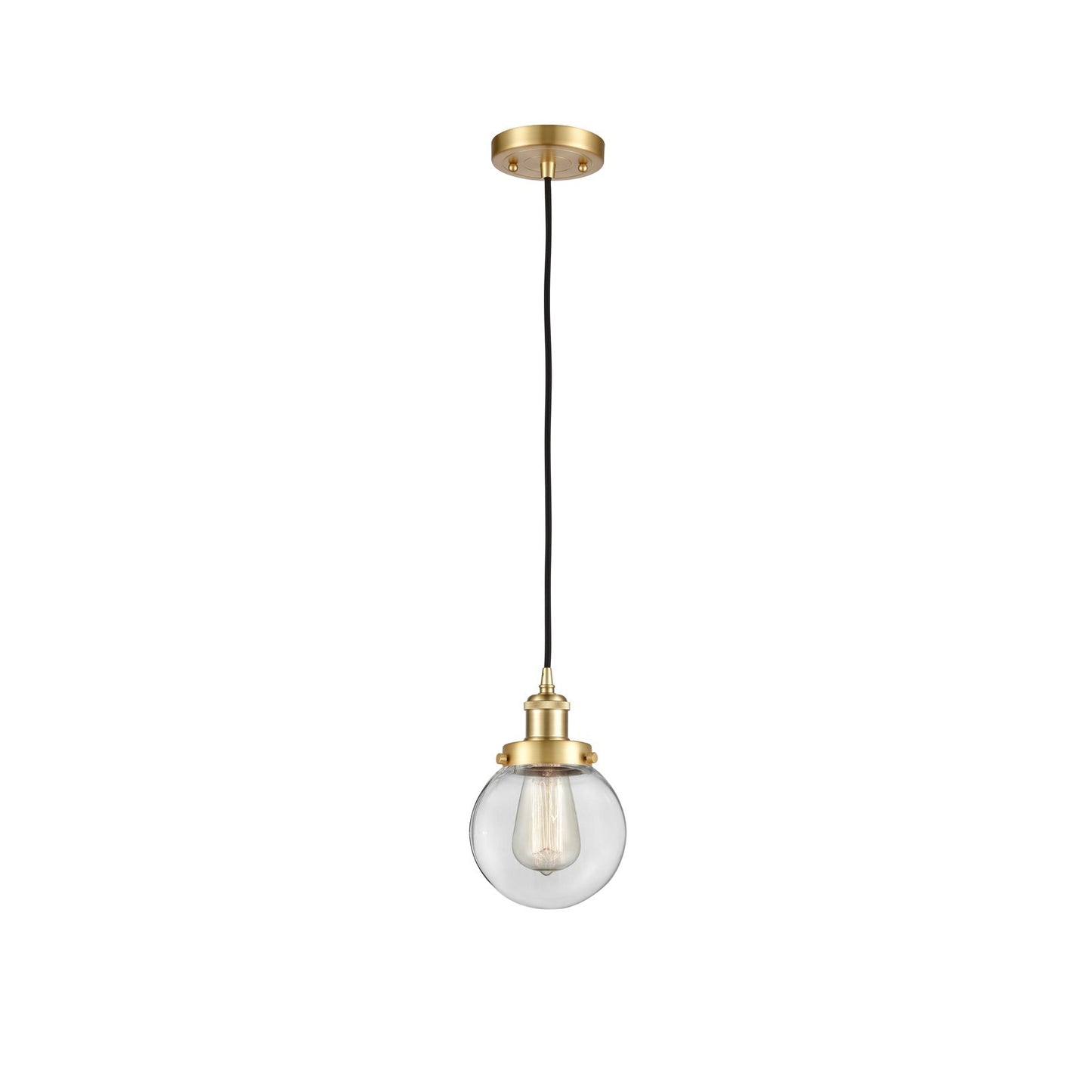 Innovations Beacon 6in 1-Light Mini Pendant | Satin Gold Steel and Clear Glass | Kitchen Island & Dining Room | 6 x 6 x 9 in | Model 916-1P-SG-G202-6