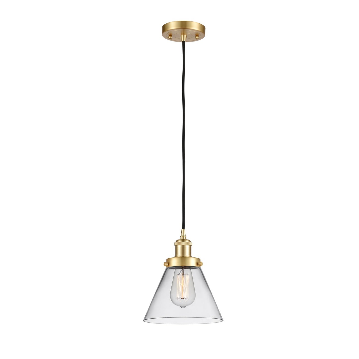Innovations Cone 8in 1-Light Mini Pendant | Industrial Satin Gold Steel and Clear Glass | Kitchen Island & Dining Room | Model 916-1P-SG-G42