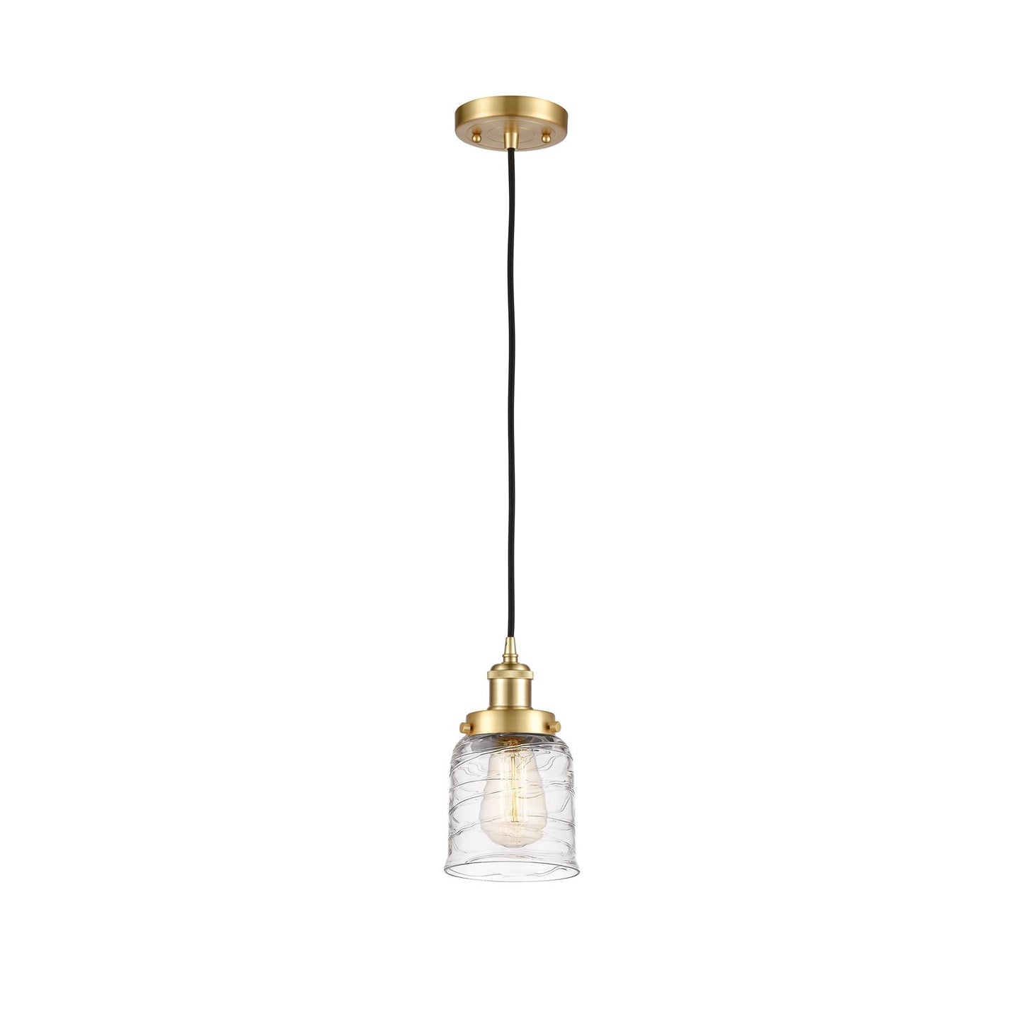 Innovations Bell 5in 1-Light Mini Pendant | Industrial Satin Gold Steel and Clear Deco Swirl Glass | Kitchen Island & Dining Room | Model 916-1P-SG-G513