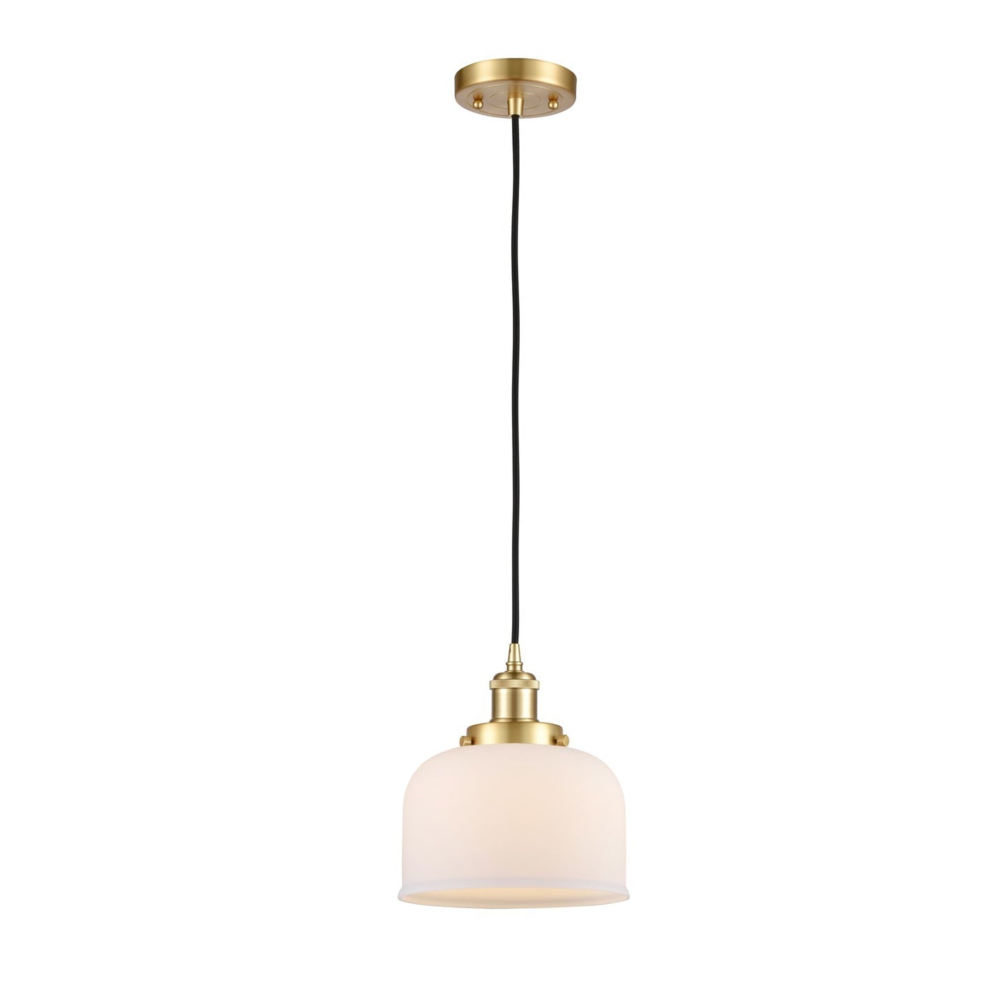 Innovations Bell 8in 1-Light Mini Pendant | Industrial Satin Gold Steel and Matte White Frosted Glass | Kitchen Island & Dining Room | Model 916-1P-SG-G71