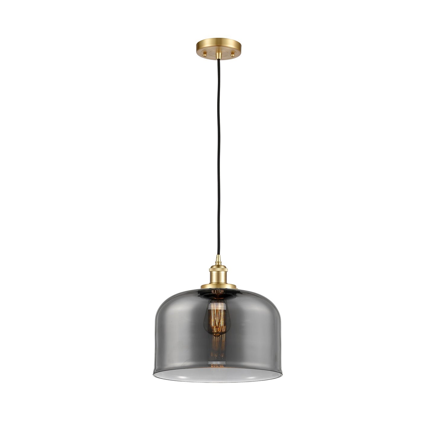 Innovations Bell 12in 1-Light Mini Pendant | Industrial Satin Gold Steel and Light Smoke Glass | Kitchen Island & Dining Room | Model 916-1P-SG-G73-L