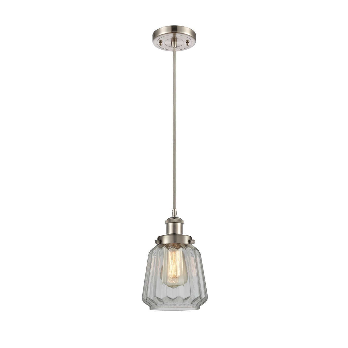 Innovations Chatham 7in 1-Light Mini Pendant | Modern Transitional Brushed Satin Nickel Steel and Clear Ribbed Glass Shade | Model 916-1P-SN-G142