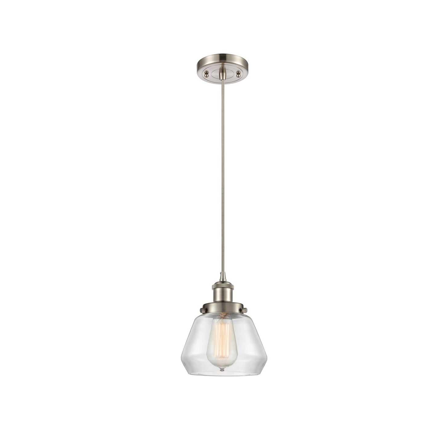 Innovations Fulton 7in 1-Light Mini Pendant | Modern Brushed Satin Nickel Steel and Clear Glass | Kitchen Island & Dining Room | Model 916-1P-SN-G172