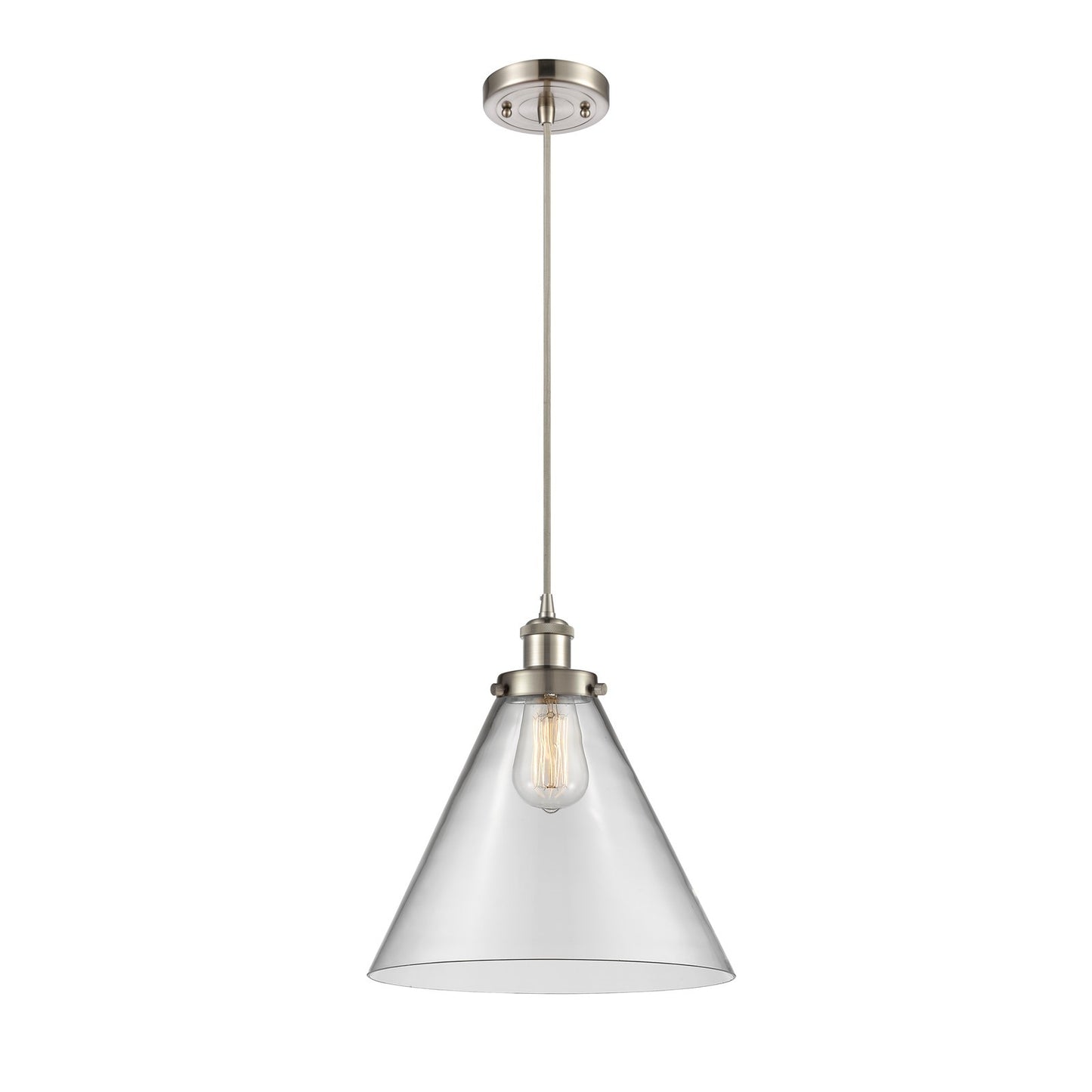 Innovations Cone 12in 1-Light Mini Pendant | Industrial Brushed Satin Nickel Steel and Clear Transparent Glass | Kitchen | Model 916-1P-SN-G42-L-LED