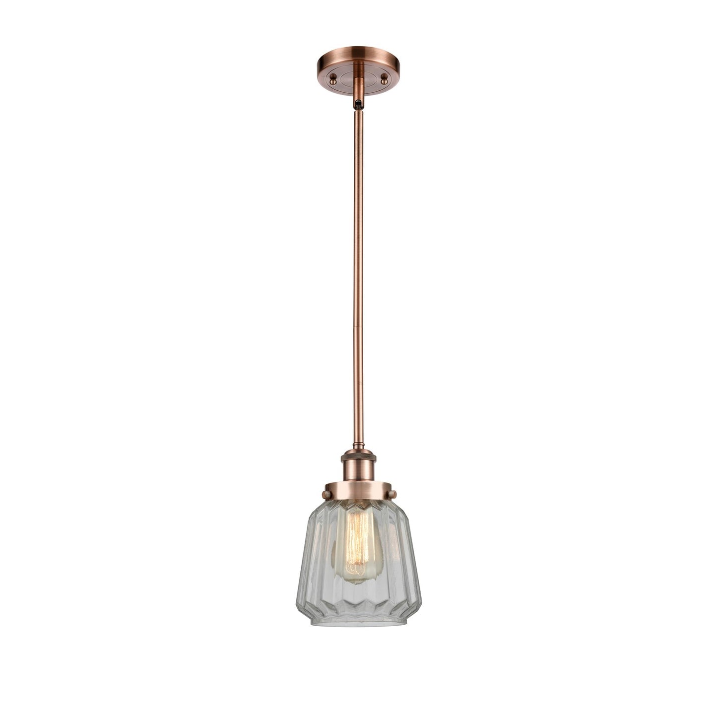 Innovations Chatham 7in 1-Light Mini Pendant | Transitional Antique Copper Steel and Clear Ribbed Glass | Kitchen Island & Dining | Model 916-1S-AC-G142