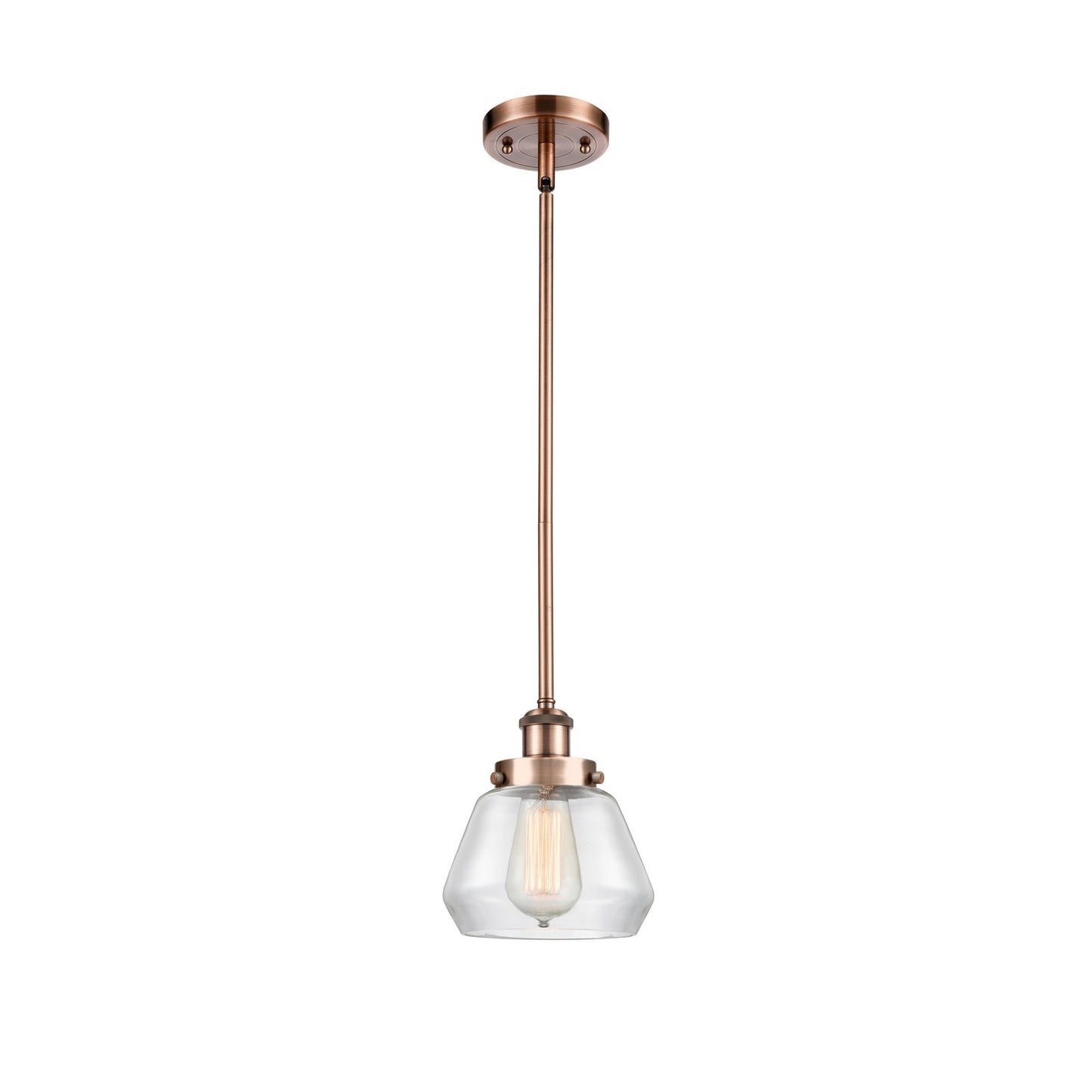 Innovations Fulton 7in 1-Light Mini Pendant | Modern Contempo Antique Copper Steel and Clear Schoolhouse Glass | Kitchen Island & | Model 916-1S-AC-G172