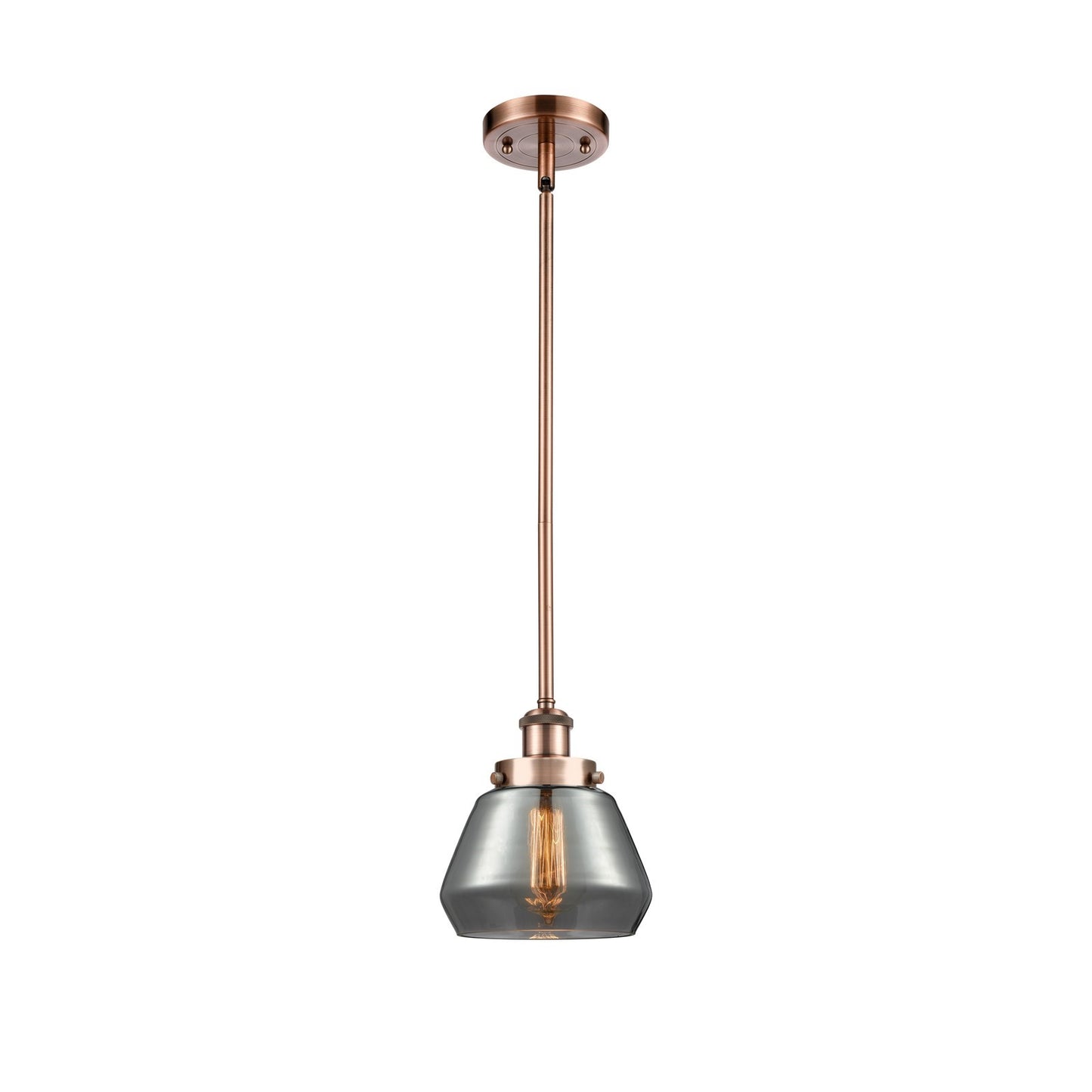 Innovations Fulton 7in 1-Light Mini Pendant | Modern Contempo Antique Copper Steel and Light Smoke Schoolhouse Glass | Kitchen | Model 916-1S-AC-G173