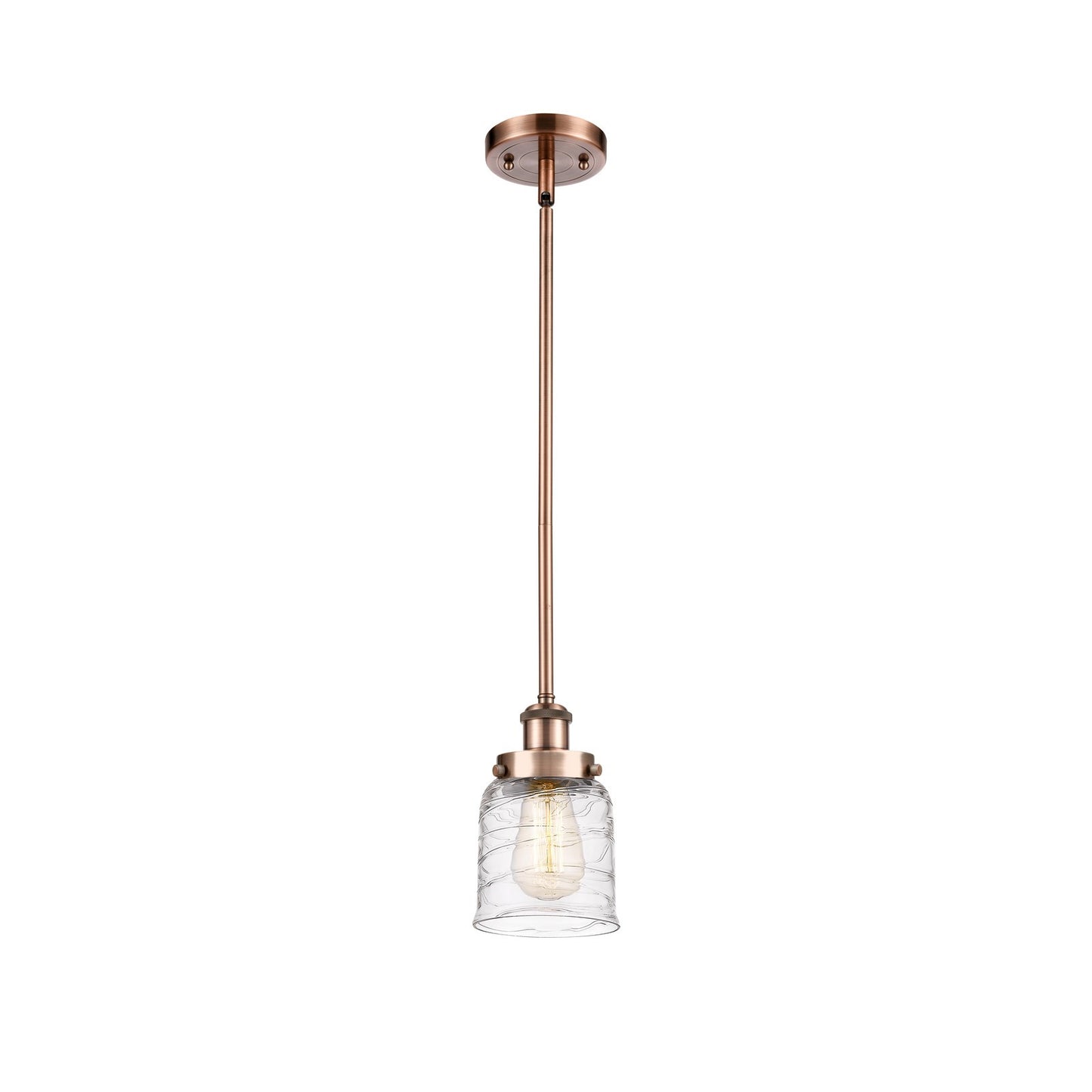 Innovations Bell 5in 1-Light Mini Pendant | Industrial Antique Copper Steel and Clear Deco Swirl Glass | Kitchen Island & | Model 916-1S-AC-G513-LED