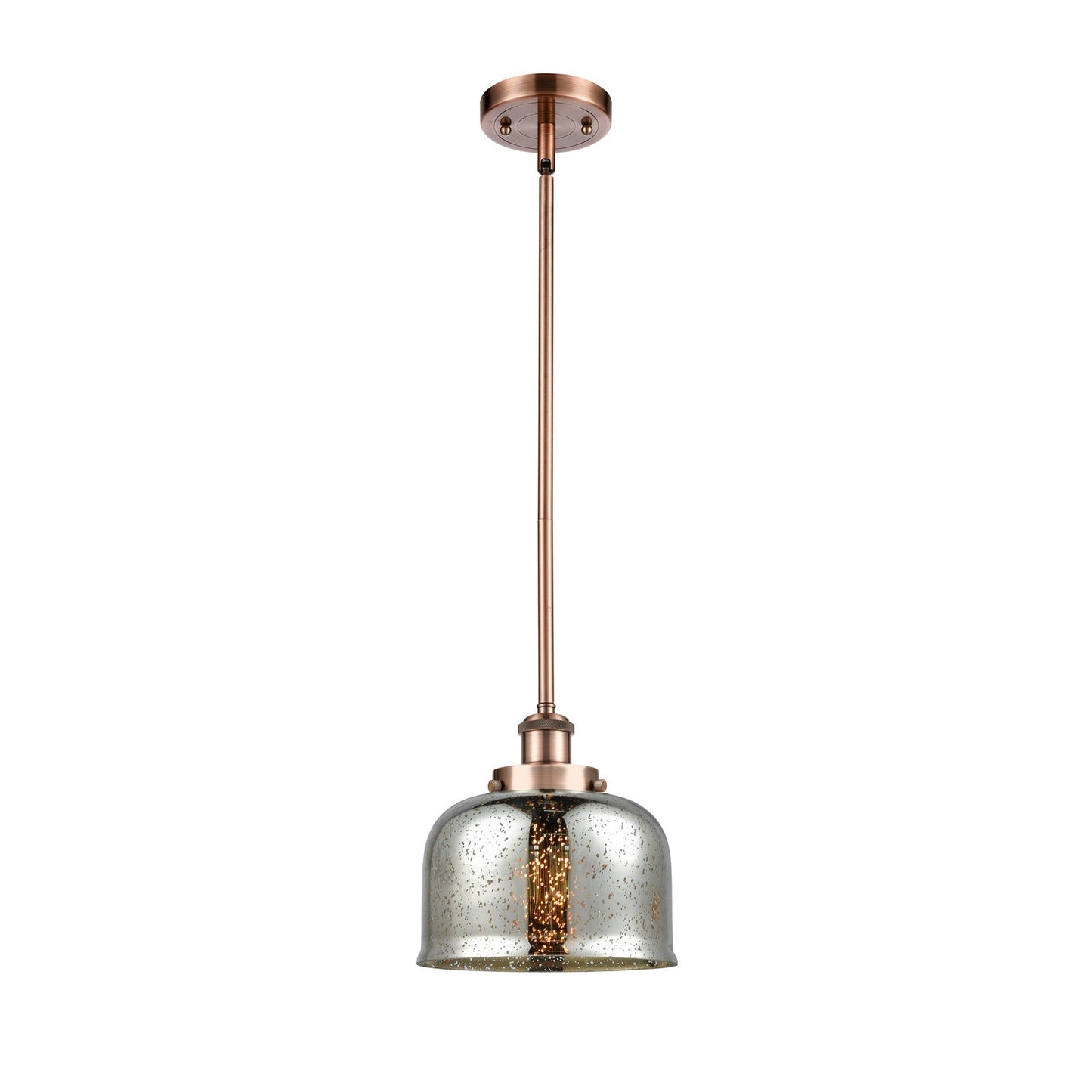 Innovations Bell 8in 1-Light LED Mini Pendant | Industrial Antique Copper Steel and Silver Plated Mercury Glass | Kitchen Island | Model 916-1S-AC-G78-LED