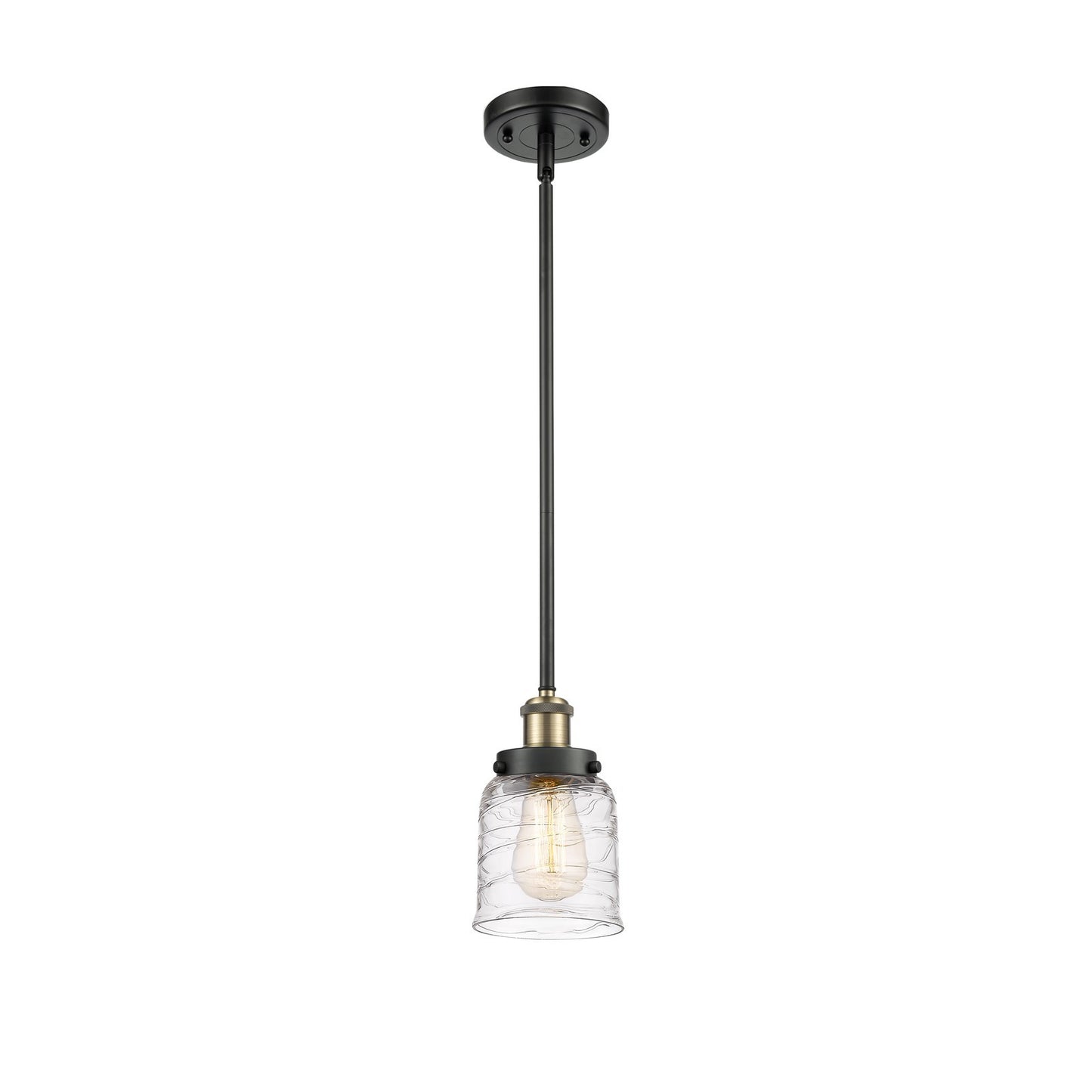 Innovations Bell 5in 1-Light Mini Pendant | Industrial Black Antique Brass Steel and Clear Deco Swirl Glass | Kitchen Island & | Model 916-1S-BAB-G513-LED