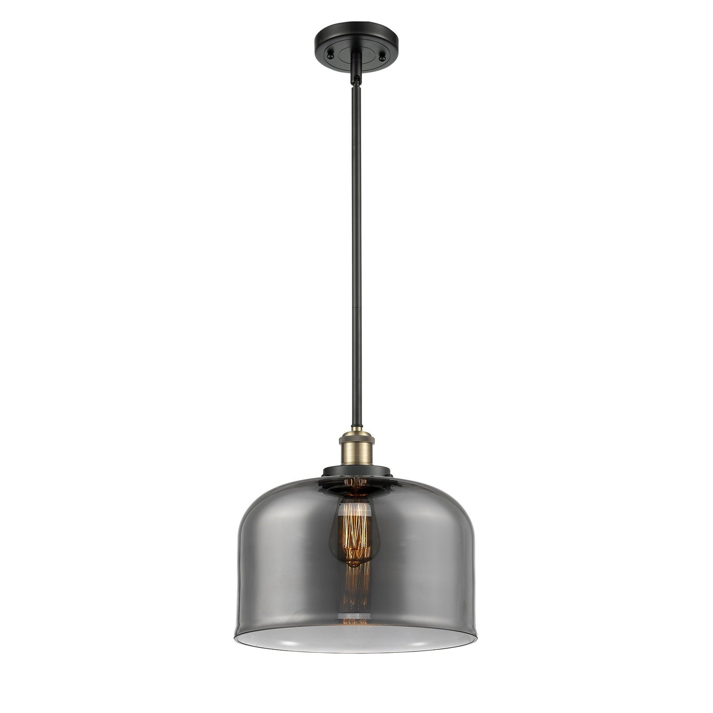 Innovations Bell 12in 1-Light LED Mini Pendant | Industrial Black Antique Brass and Light Smoke Glass | Kitchen Island & | Model 916-1S-BAB-G73-L-LED