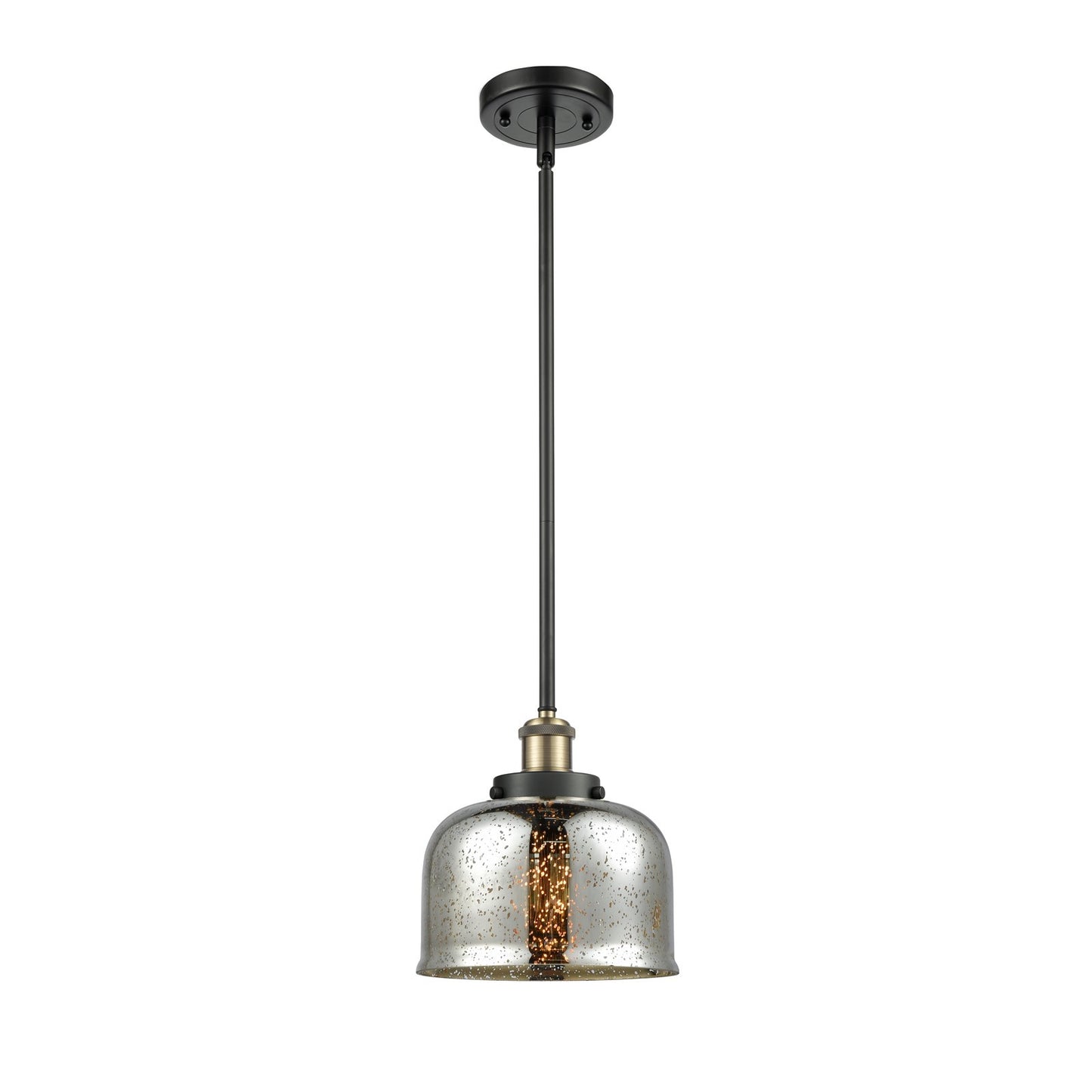 Innovations Bell 8in 1-Light Mini Pendant | Industrial Black Antique Brass Steel and Silver Plated Mercury Glass | Kitchen | Model 916-1S-BAB-G78-LED