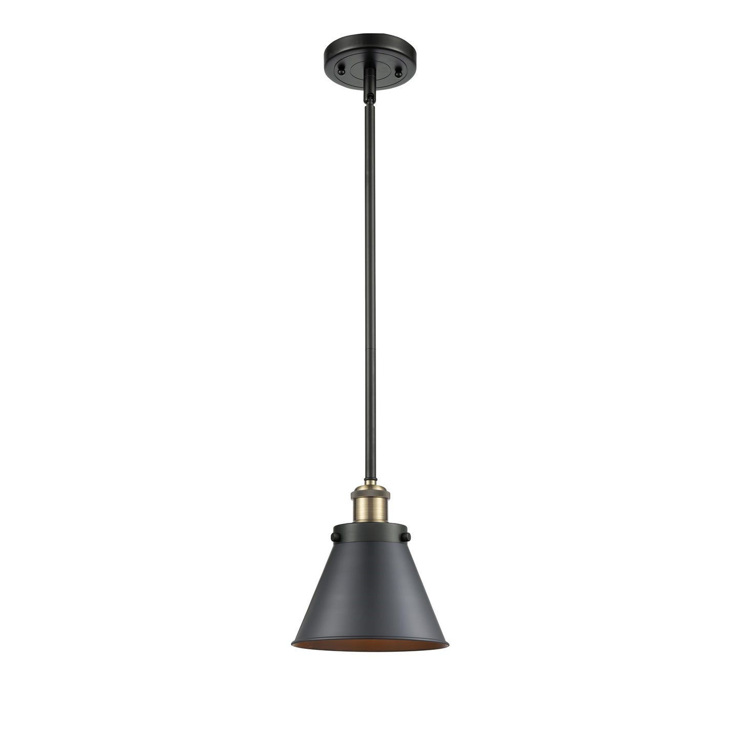 Innovations Appalachian 7in 1-Light Mini Pendant | Industrial Black Antique Brass Steel and Matte Black Metal Cone Shade | Model 916-1S-BAB-M13-BK-LED