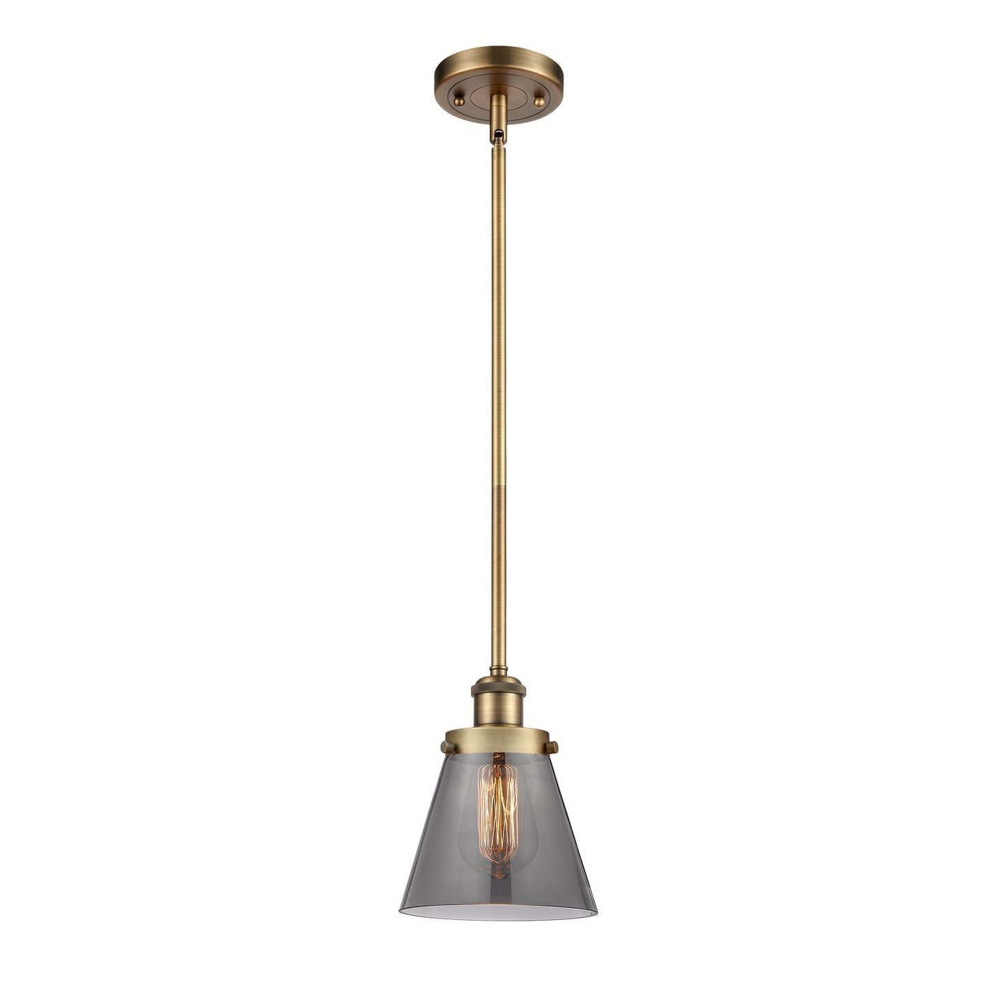 Innovations Cone 6in 1-Light LED Mini Pendant | Industrial Brushed Brass and Light Smoke Glass | Kitchen Island & Dining Room | Model 916-1S-BB-G63-LED