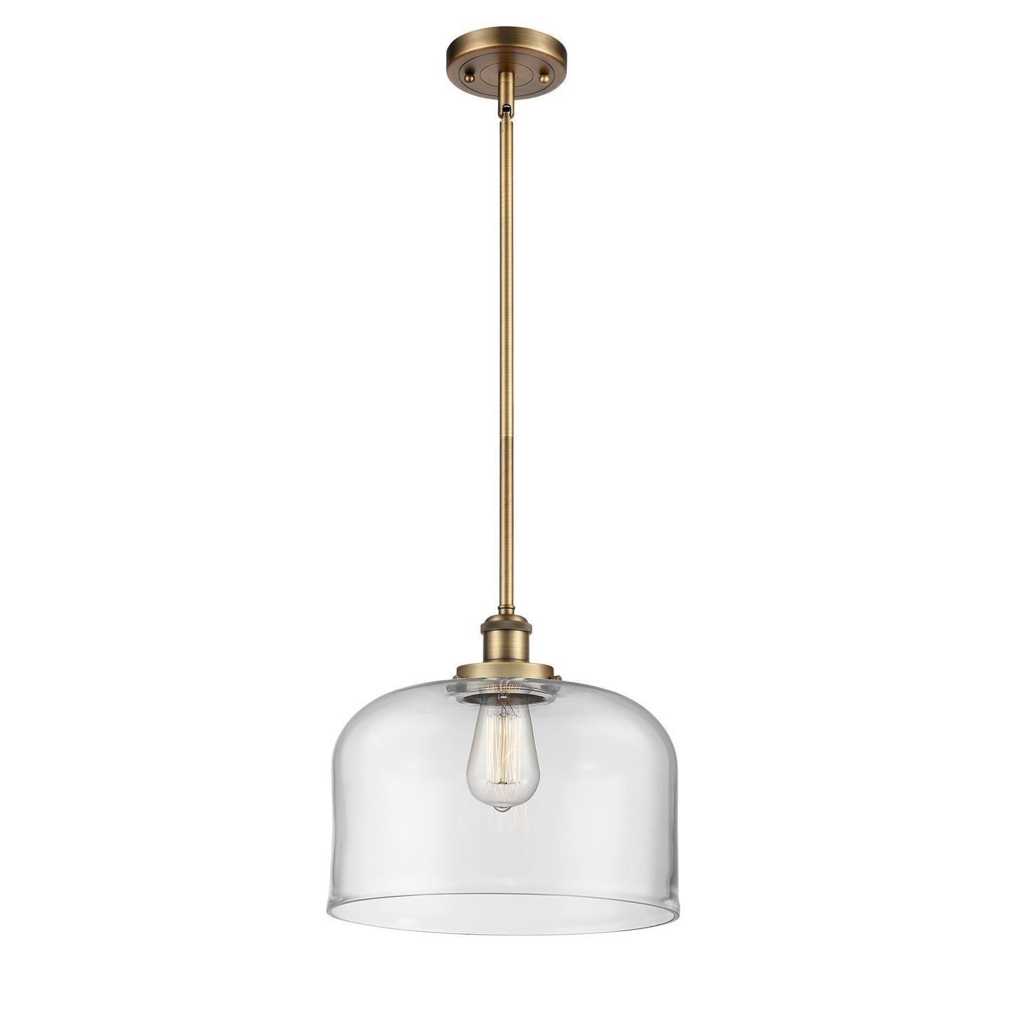 Innovations Bell 12in 1-Light Mini Pendant | Industrial Brushed Brass and Clear Glass | Kitchen Island & Dining Room | Model 916-1S-BB-G72-L-LED